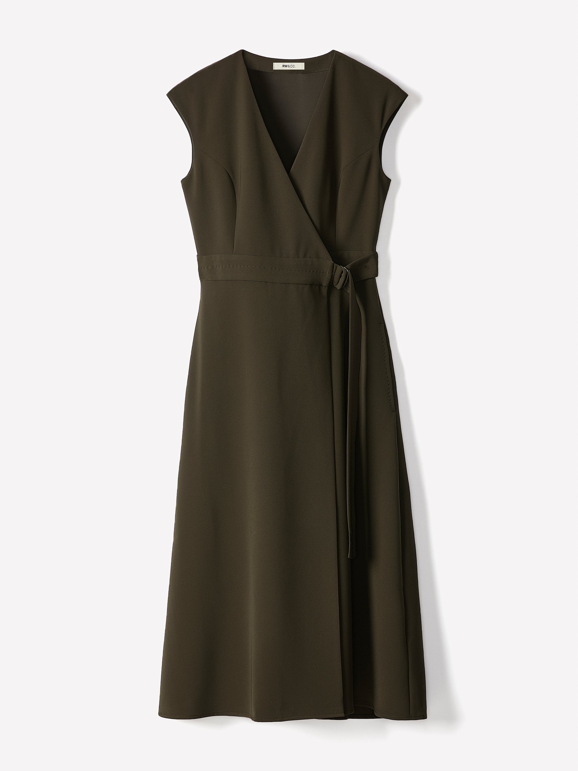 Extended-Sleeve V-Neck Wrap Midi Dress