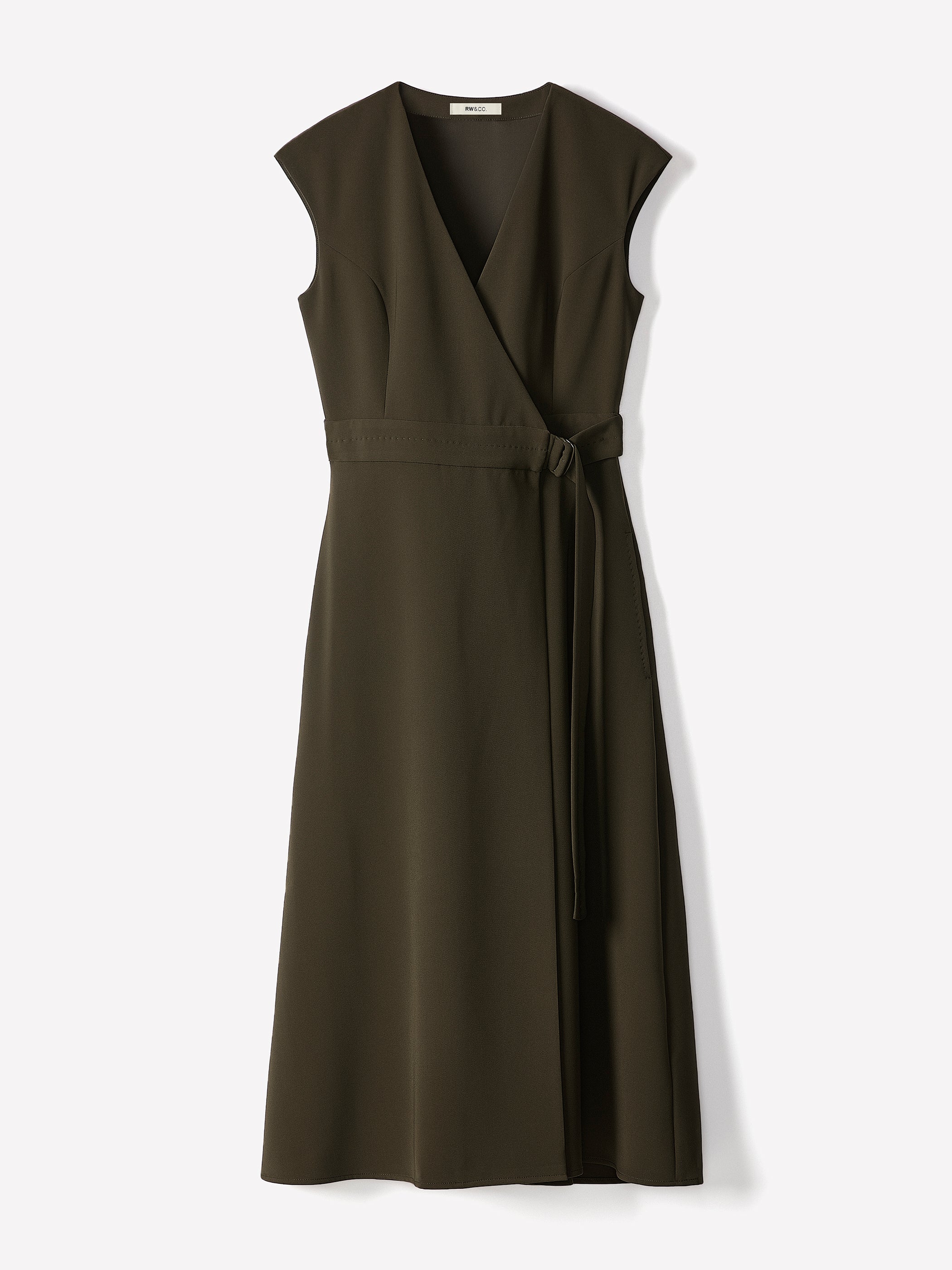 Extended-Sleeve V-Neck Wrap Midi Dress
