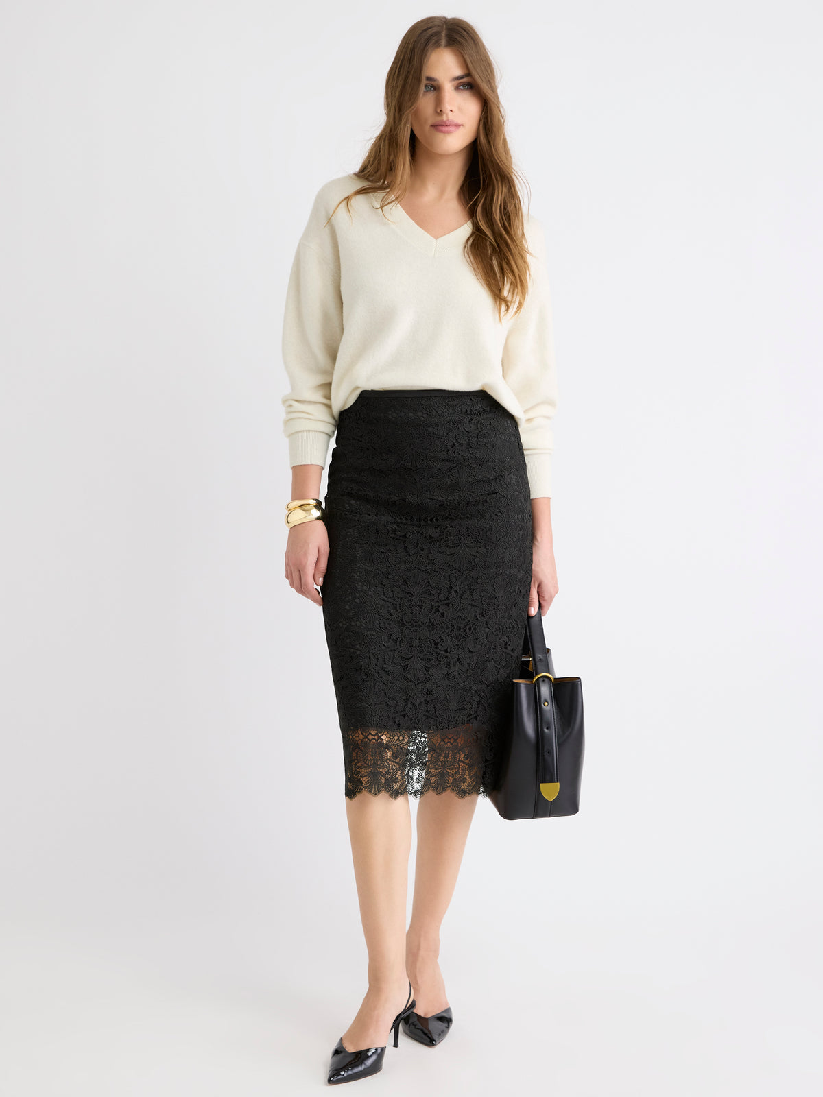 High-Rise Lace Midi Skirt