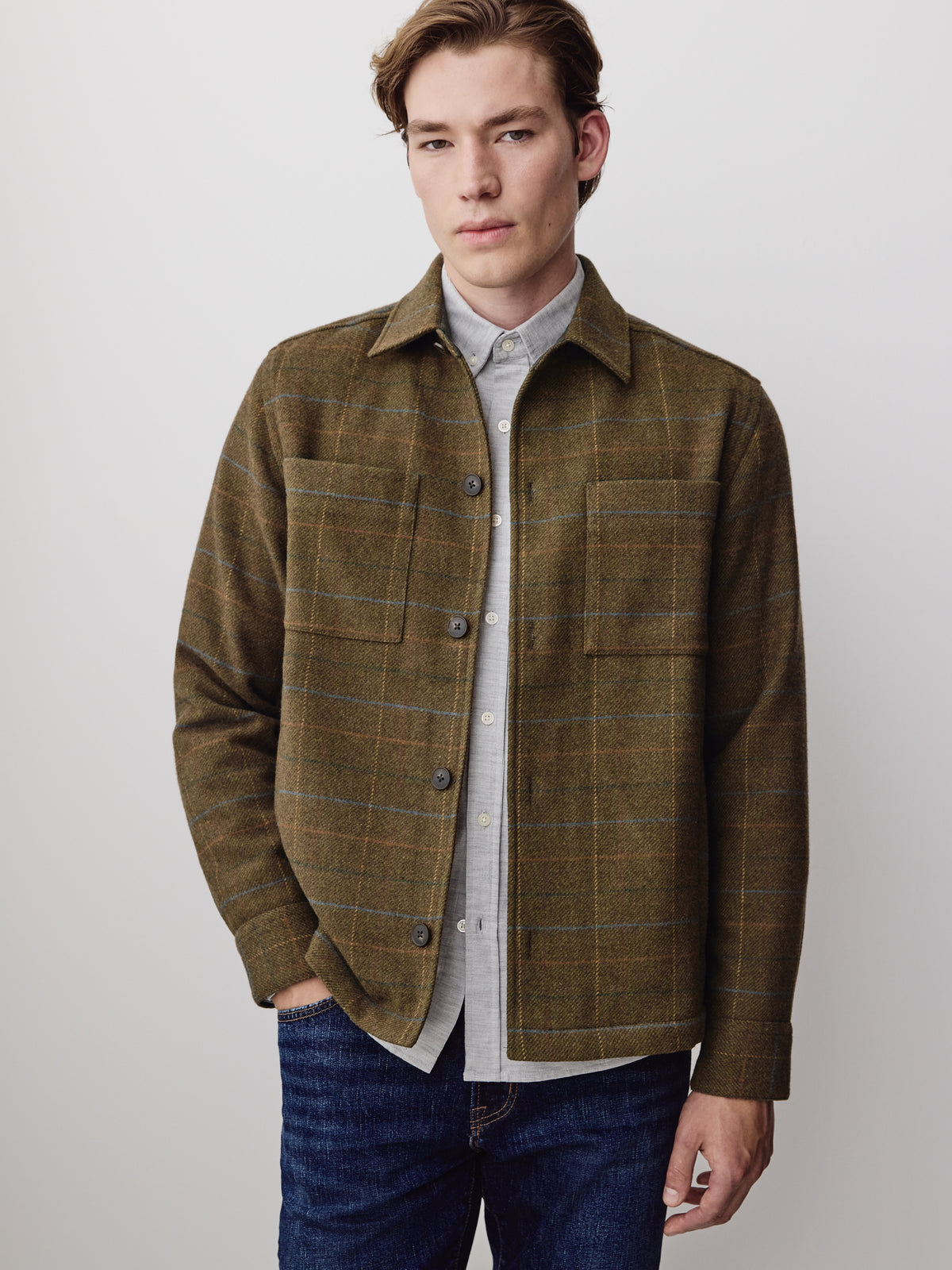 Wool Blend Check Overshirt Tailored Collar