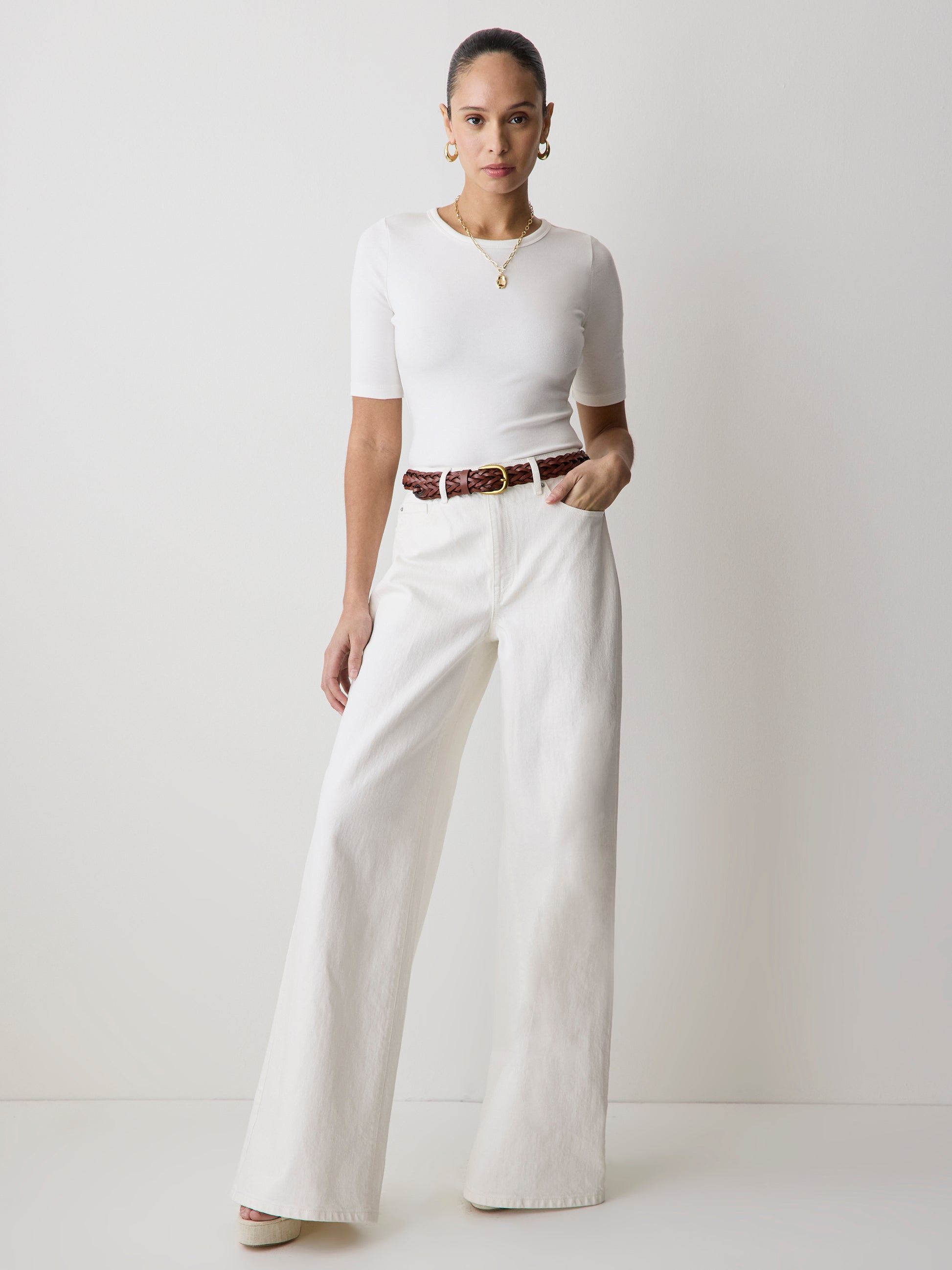 Elbow-Sleeve Crew-Neck Fitted Tee