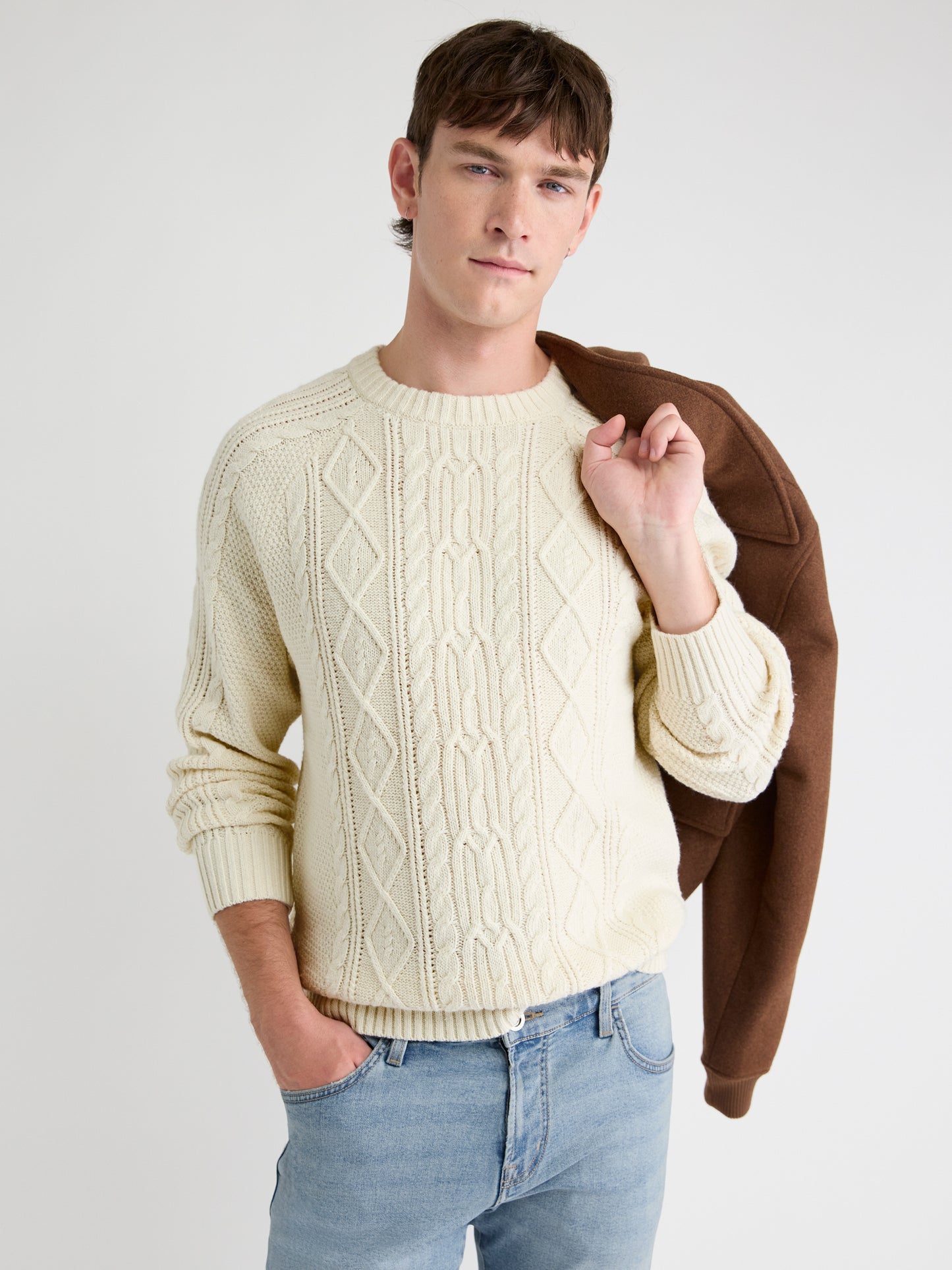 Long-Sleeve Cable Knit Crew-Neck Sweater