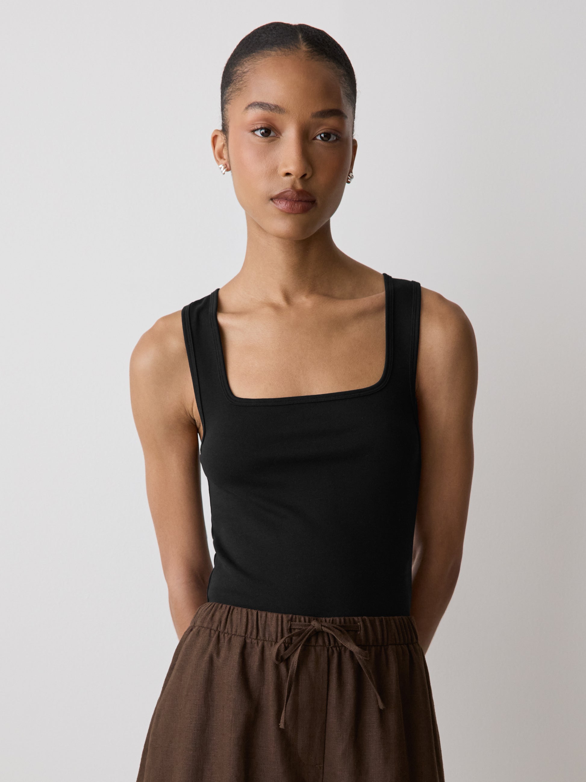 Knit Tank Top Square Neck Cotton Blend