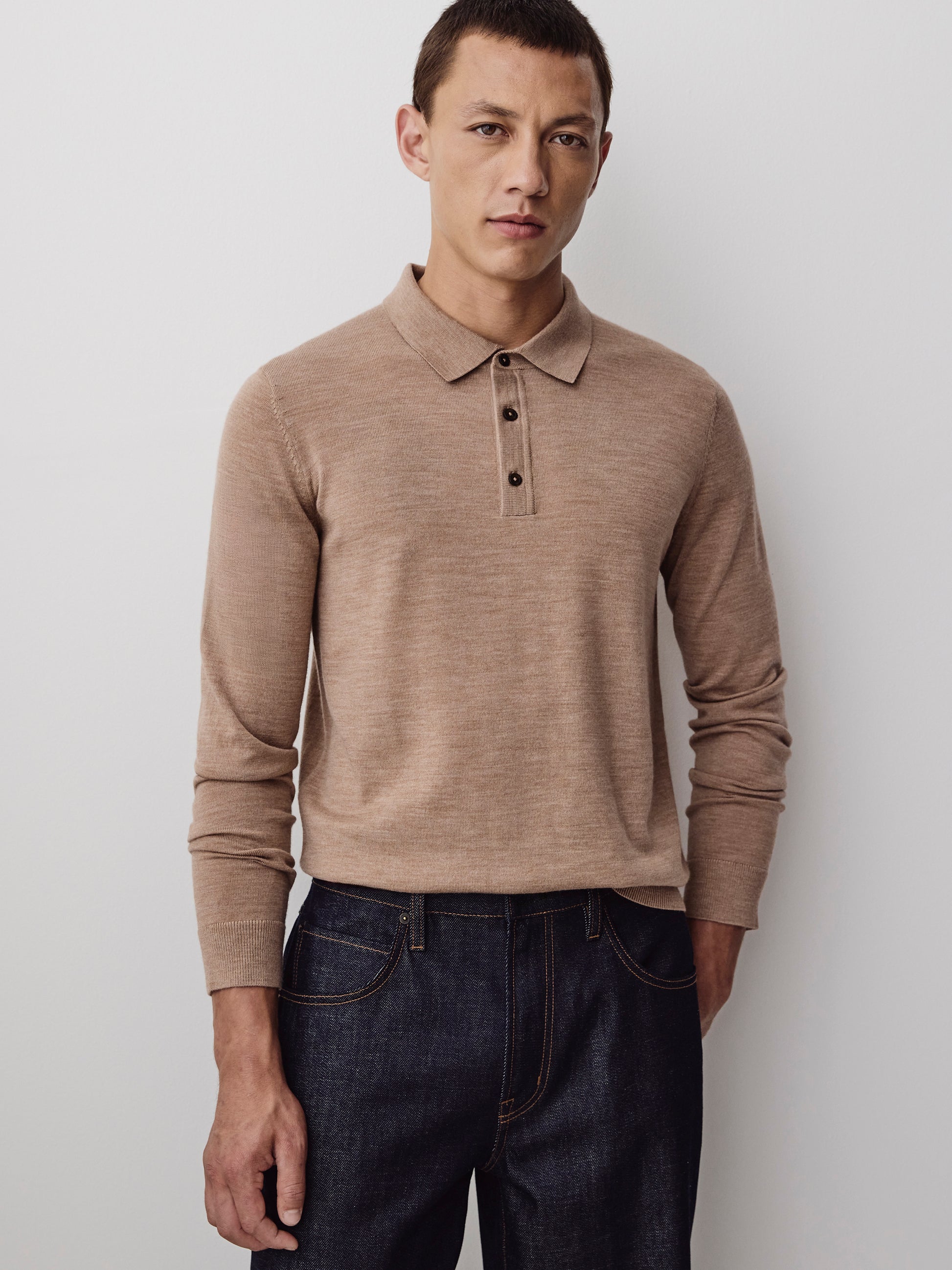 Merino Wool Knit Polo Sweater Long Sleeve