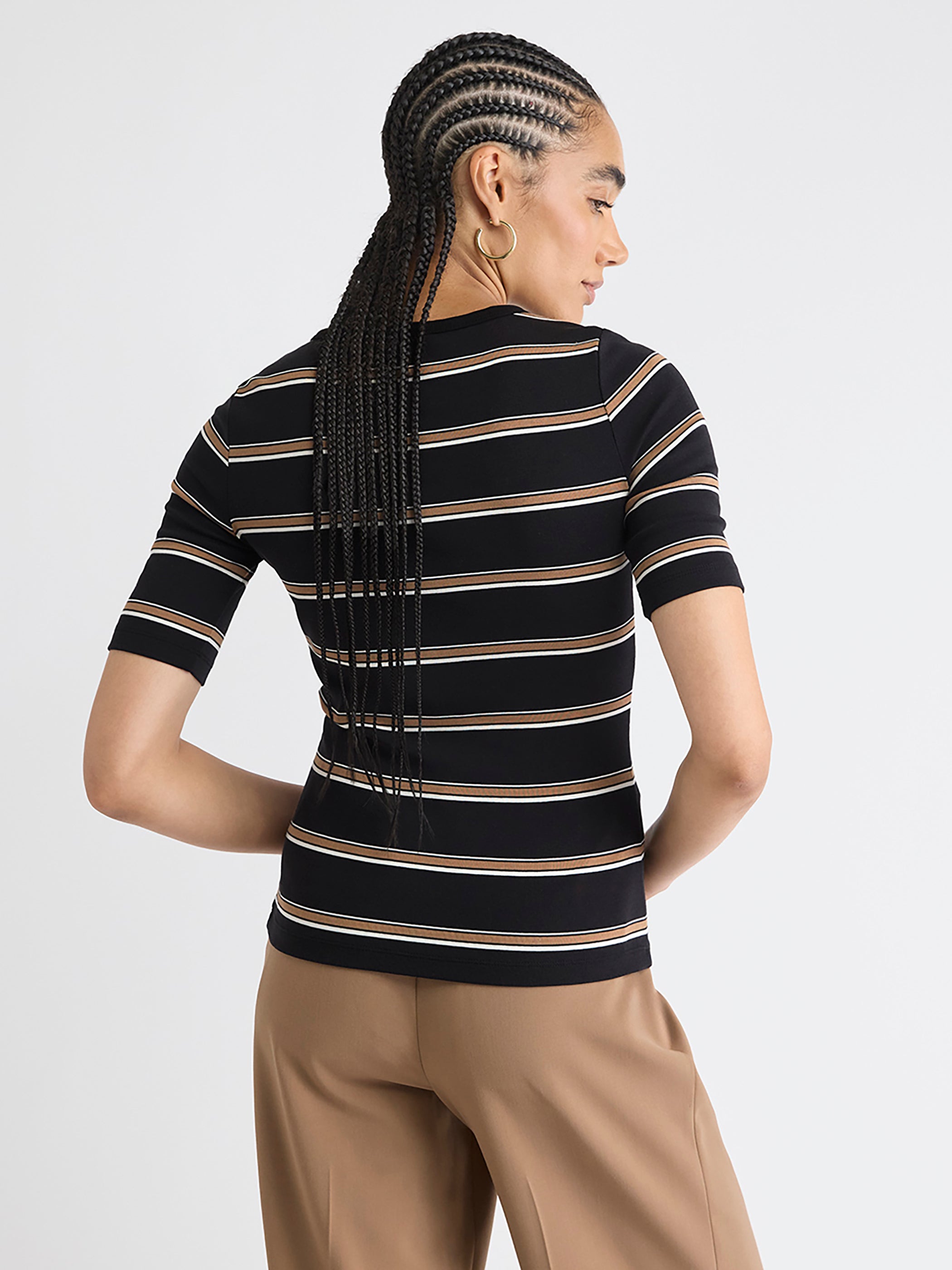 Striped Elbow-Sleeve Crew-Neck Fitted Tee