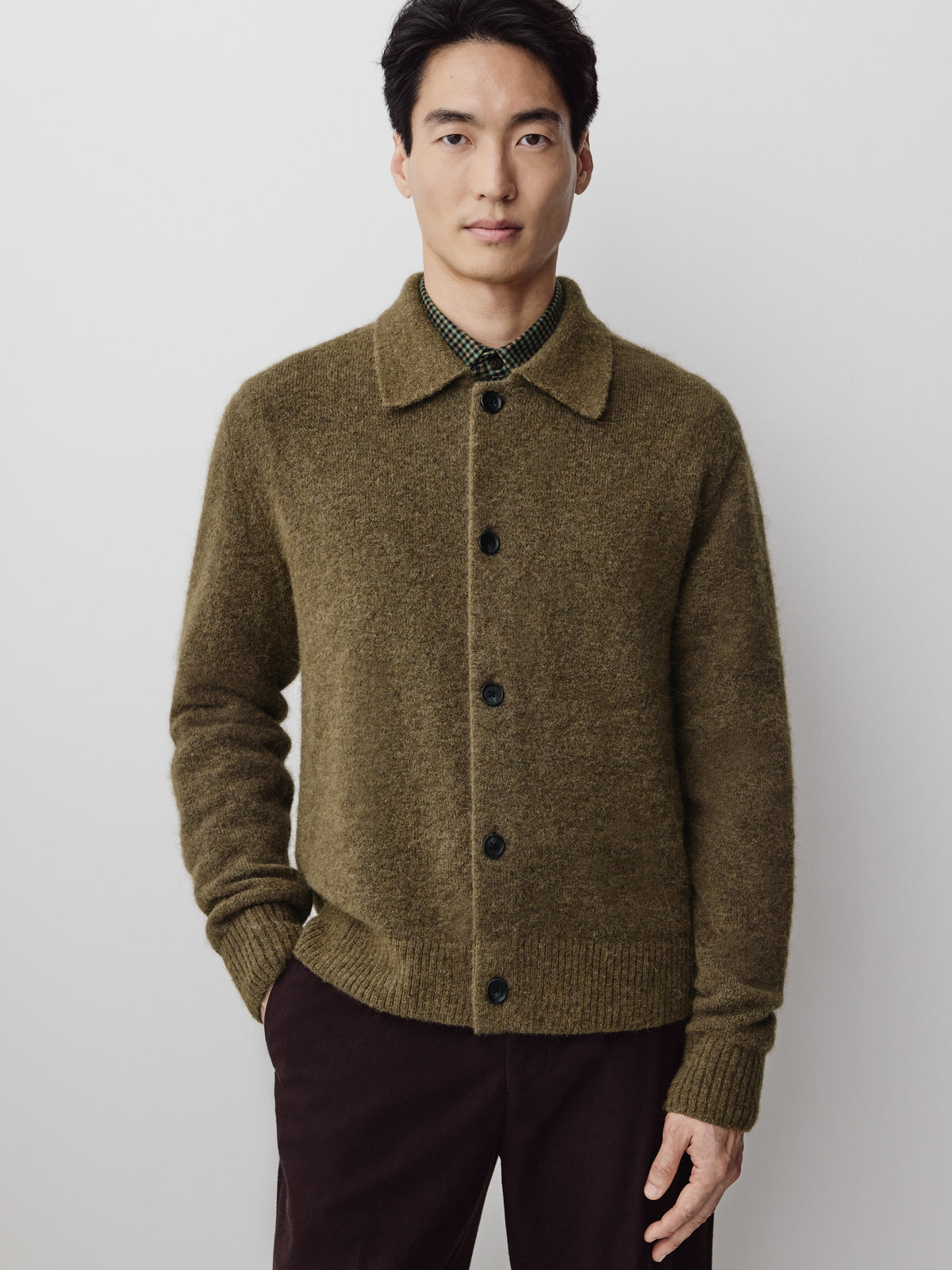 Wool-Blend Hairy Cardigan with Shirt Collar