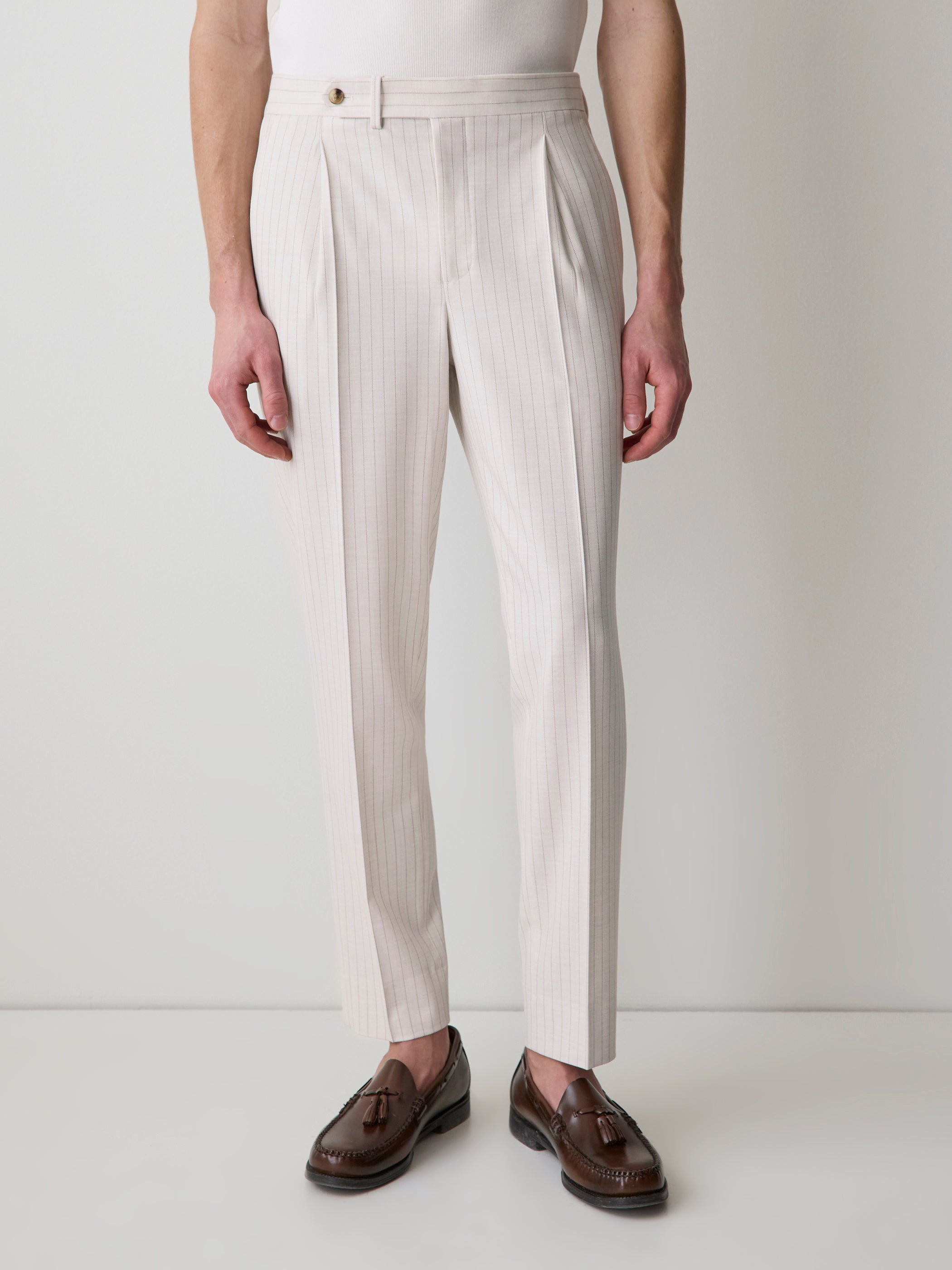 Pleated Tapered-Leg Striped Suit Pant