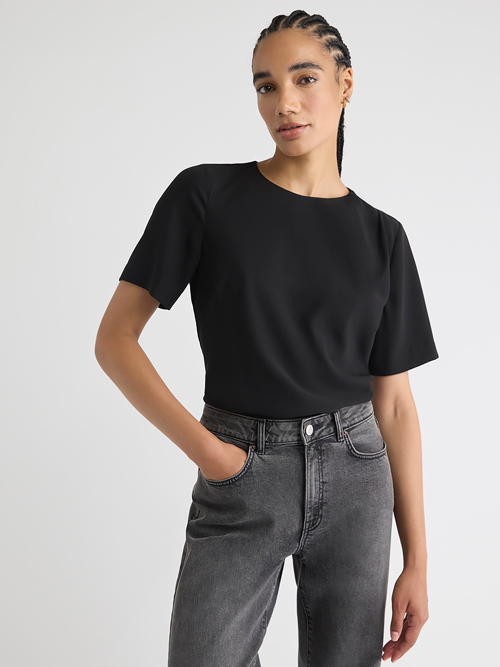 Short-Sleeve Crew-Neck Mix-Media Blouse