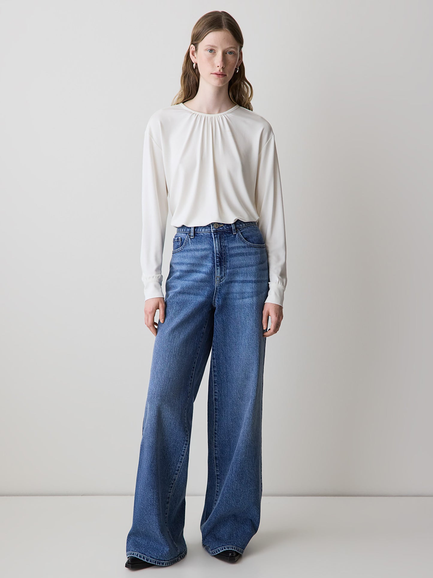 Long-Sleeve Top with Shirred Crew Neckline