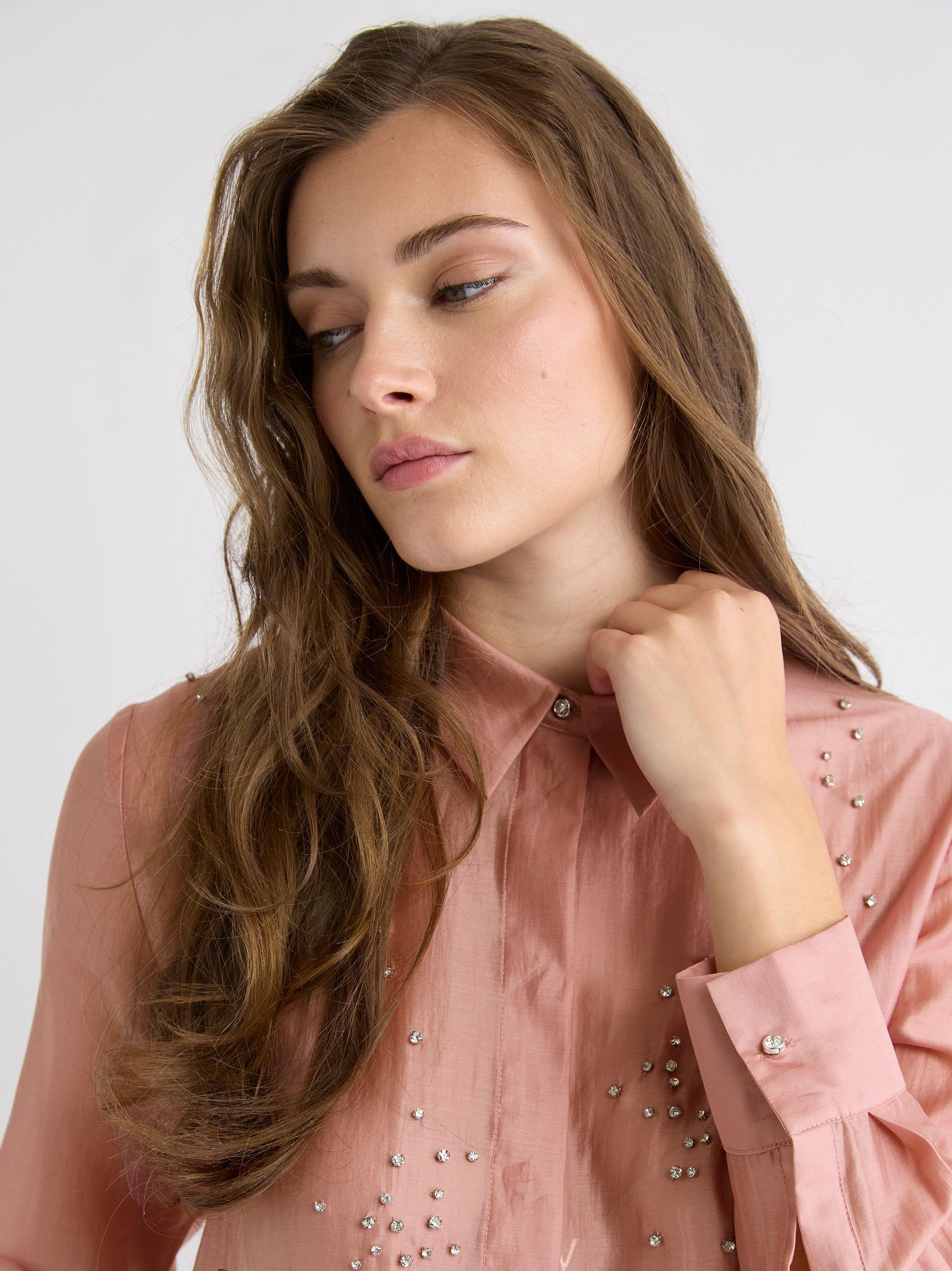 Long-Sleeve Buttoned-Down Blouse with Rhinestones