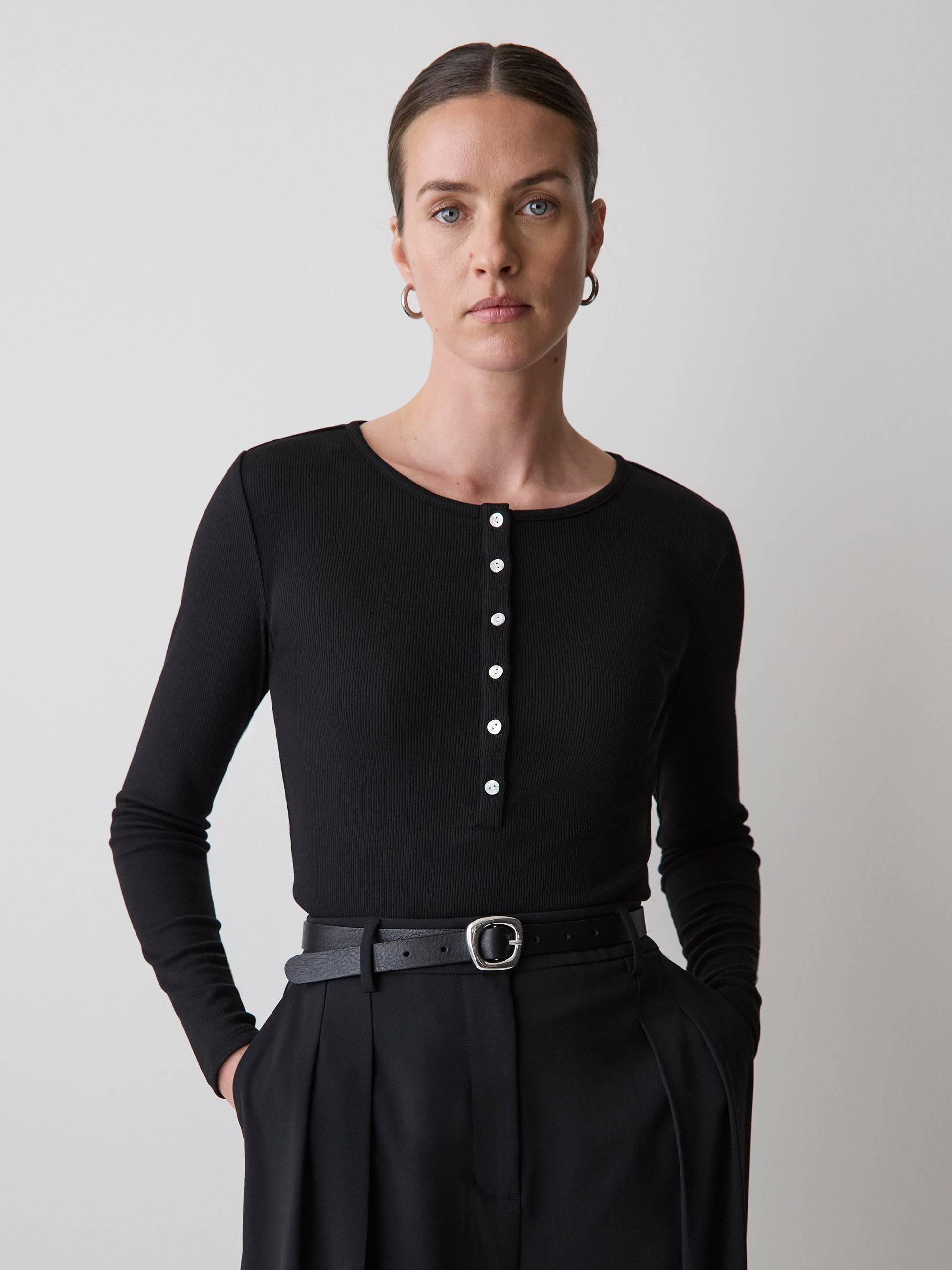 Long-Sleeve Henley Ribbed Top