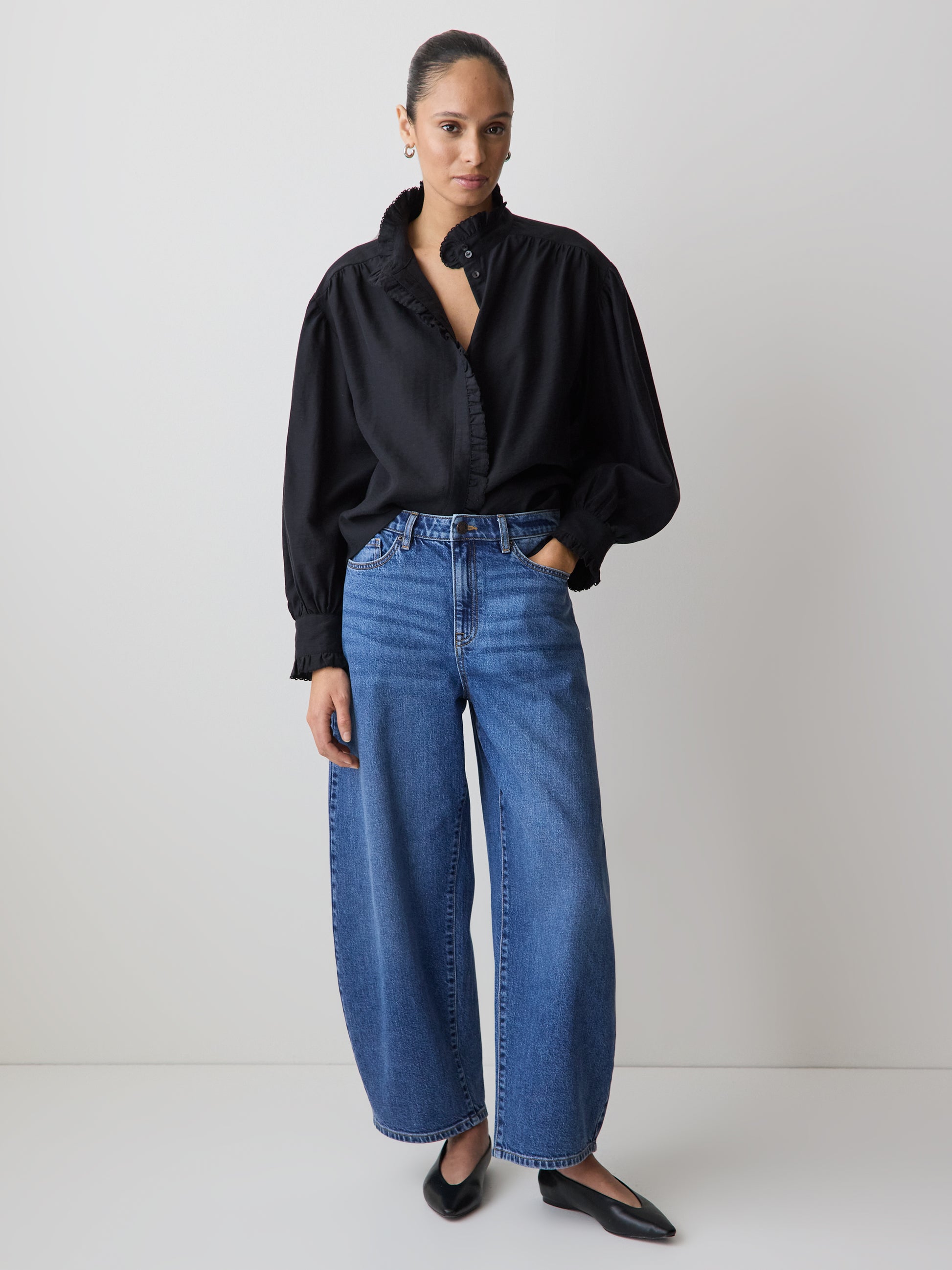 Long-Sleeve Crew-Neck Blouse with Ruffles