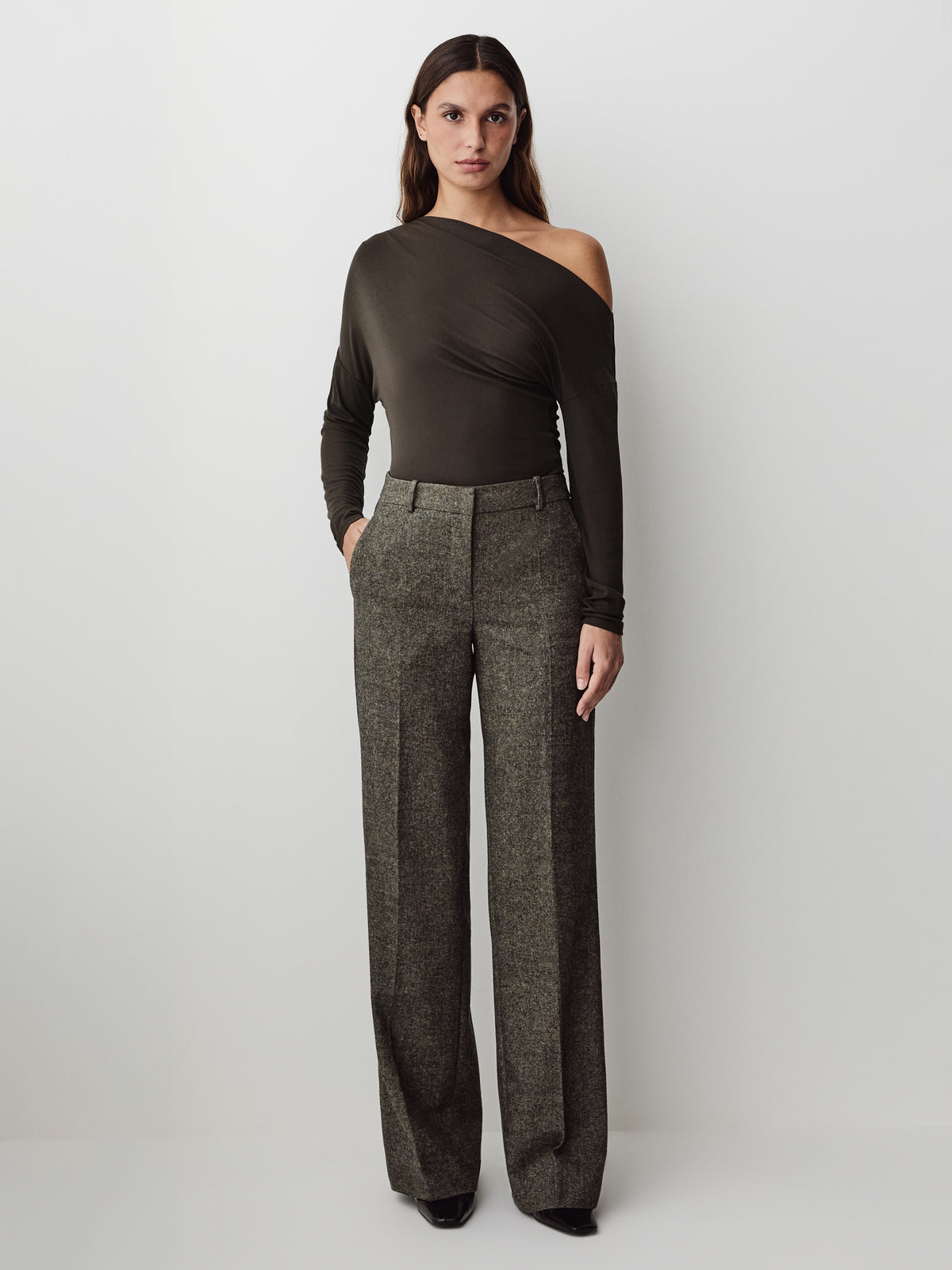 Wide Leg Tweed Pants 32" Wool Blend
