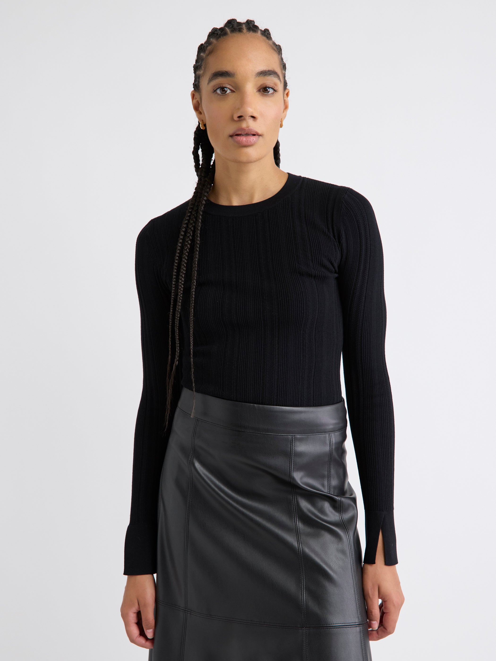 Long-Sleeve Crew-Neck Bodycon Top with Pointelle Stitches