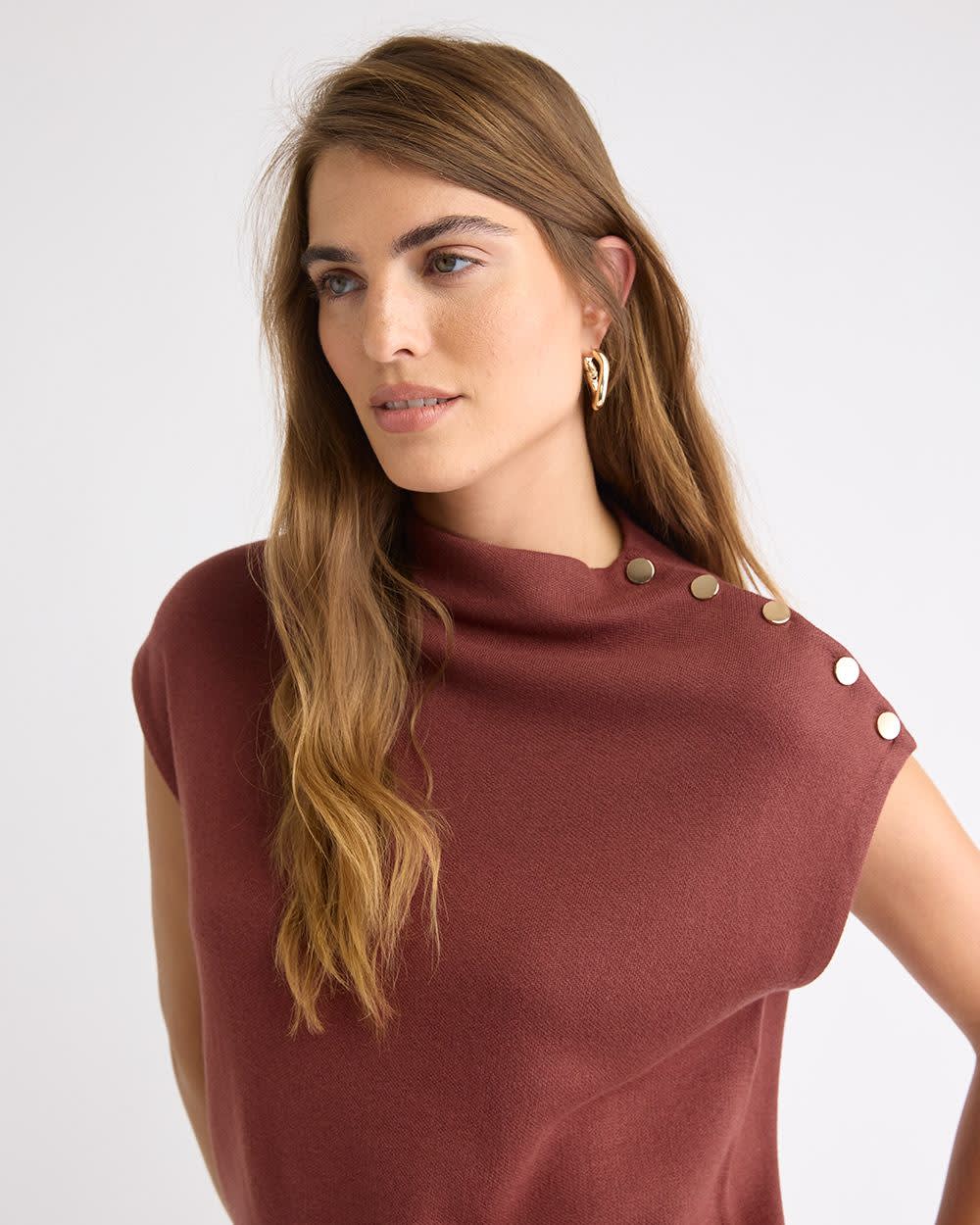 Sleeveless Mock-Neck Sweater with Buttons at Shoulder