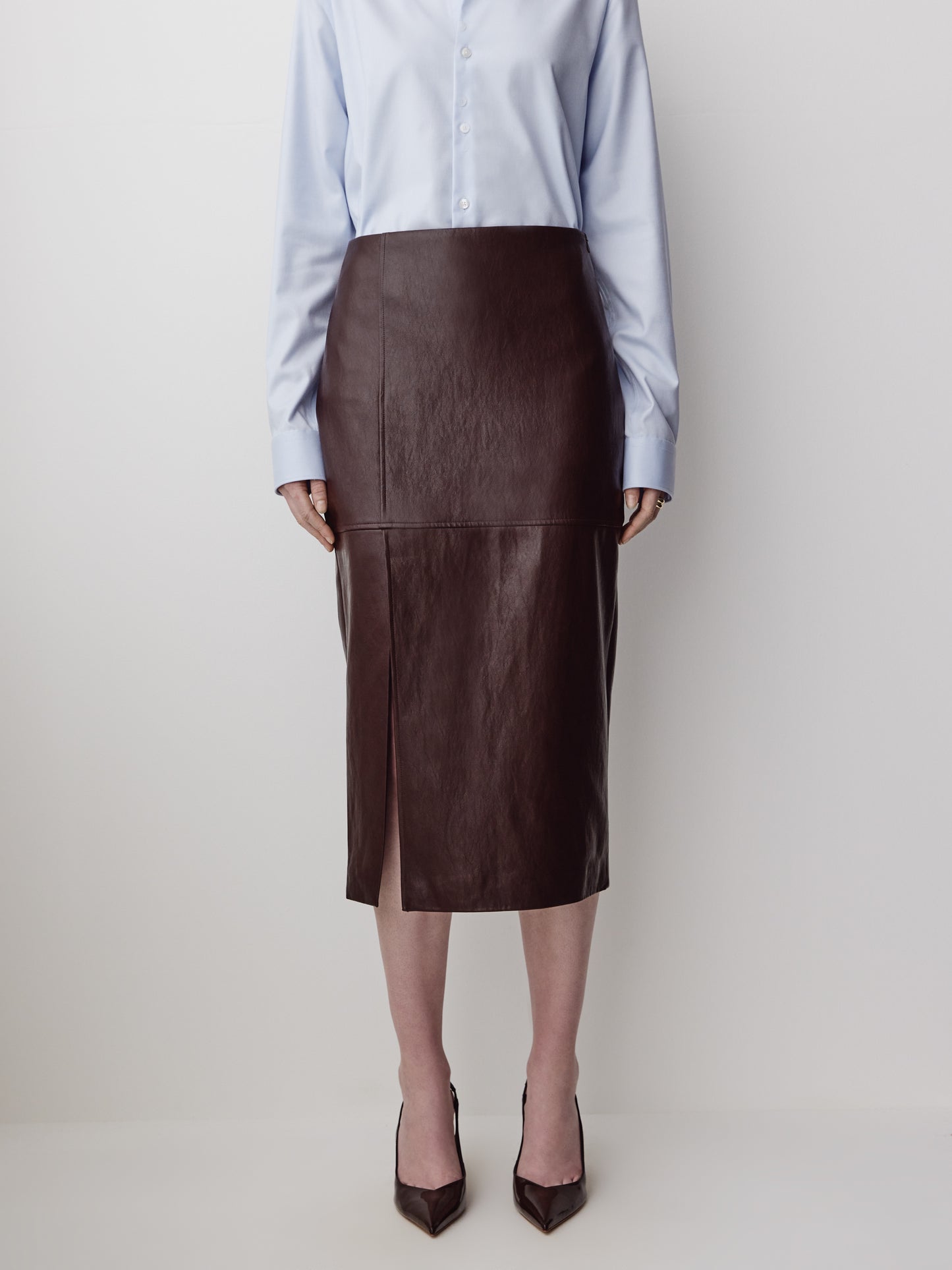 Woven High Rise Stretch PU Coated Skirt
