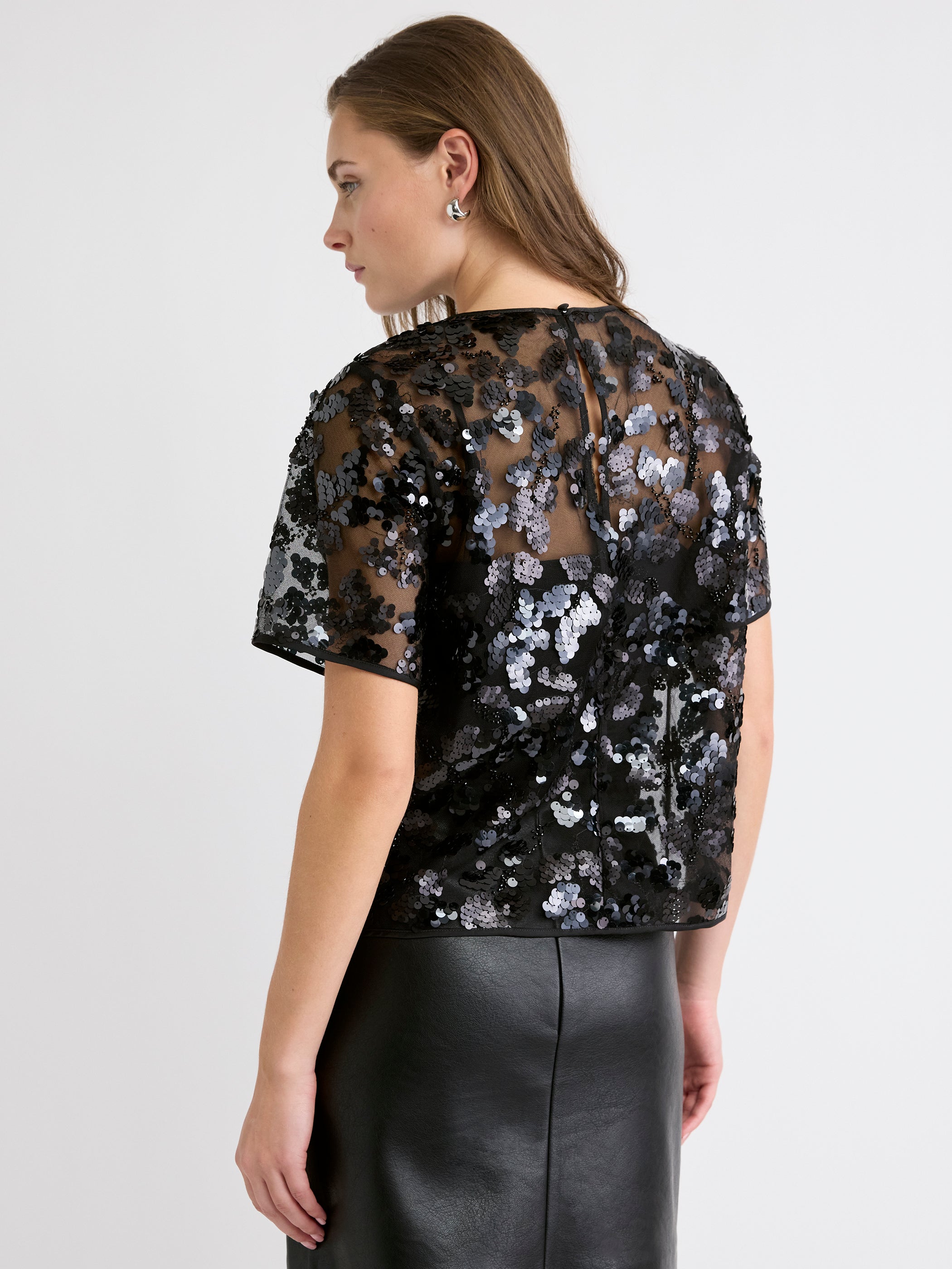 Blouse Popover à Paillettes à Col Rond et Manches Courtes
