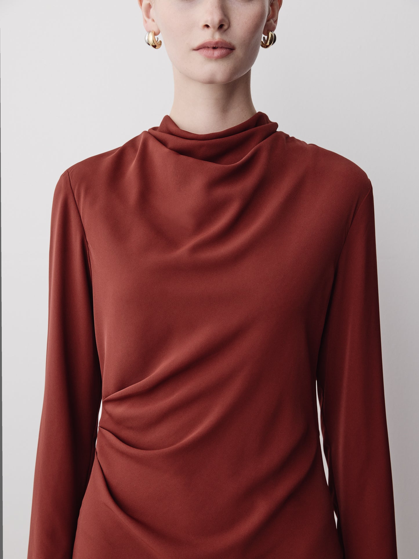 Woven Luxe Crepe Mock Neck Midi Dress