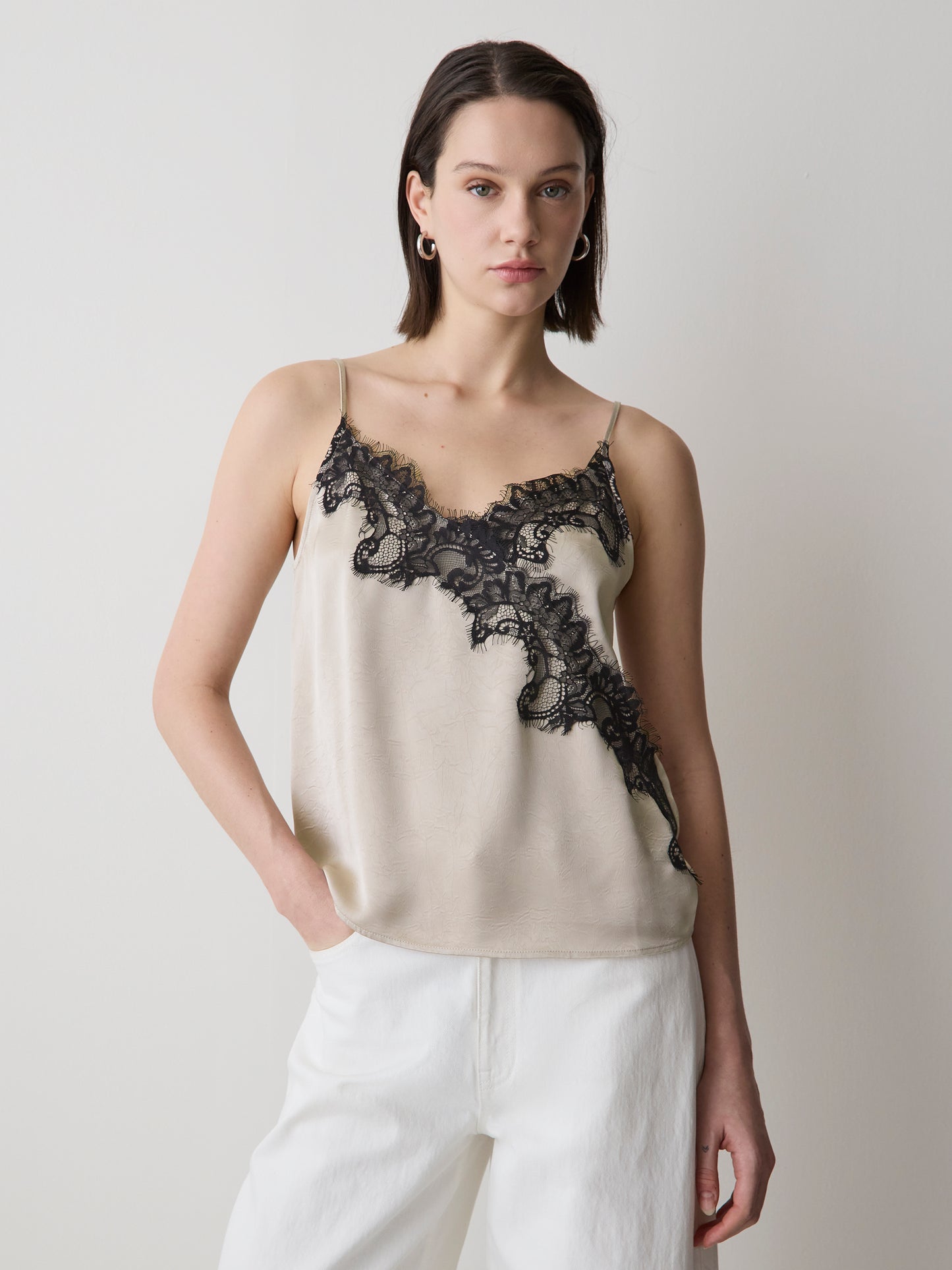 Sleeveless V-Neck Satin Blouse with Lace Trim
