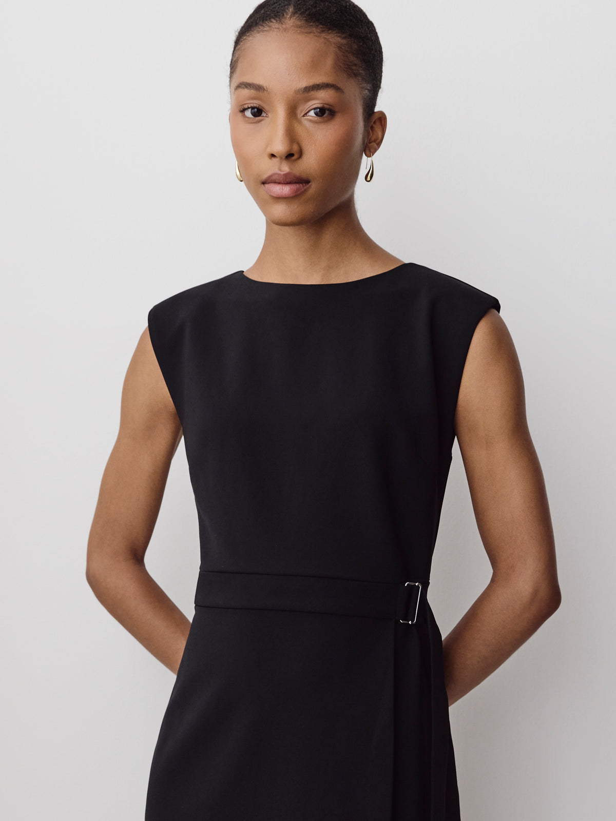 Woven Sleeveless Faux Wrap Dress with Twill Fabric