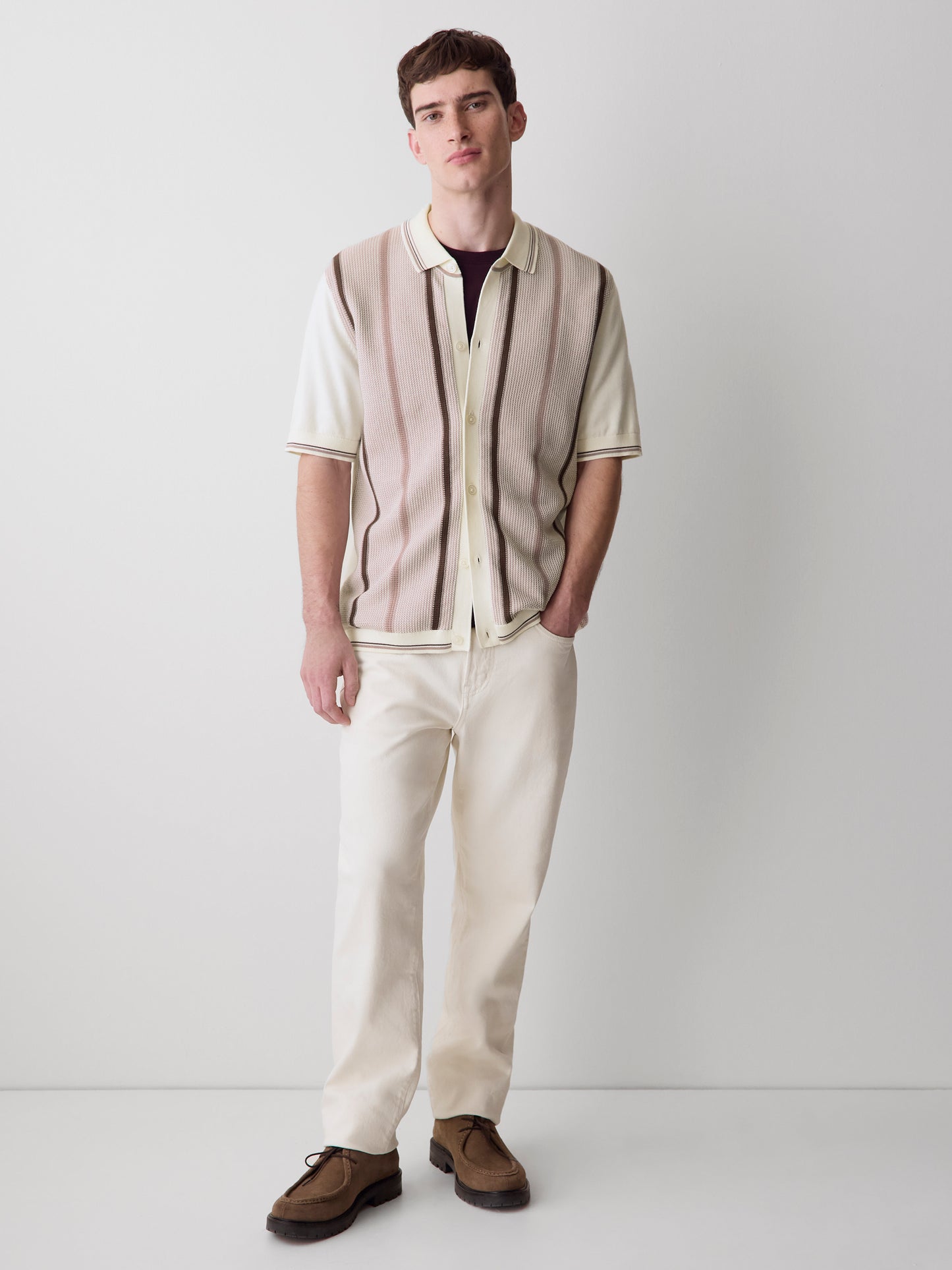 Short-Sleeve Shirt Sweater with Vertical Stripes