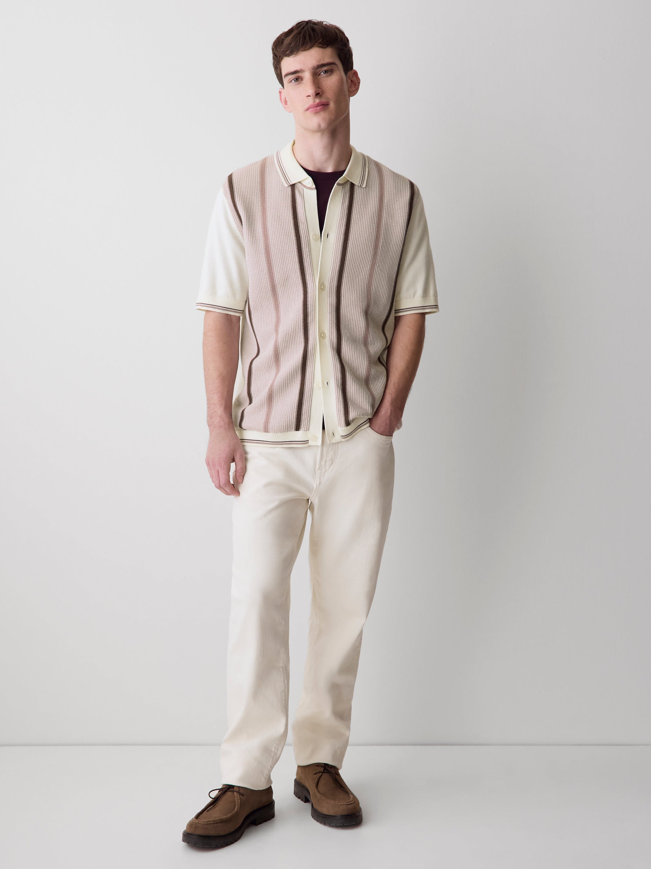 Short-Sleeve Shirt Sweater with Vertical Stripes