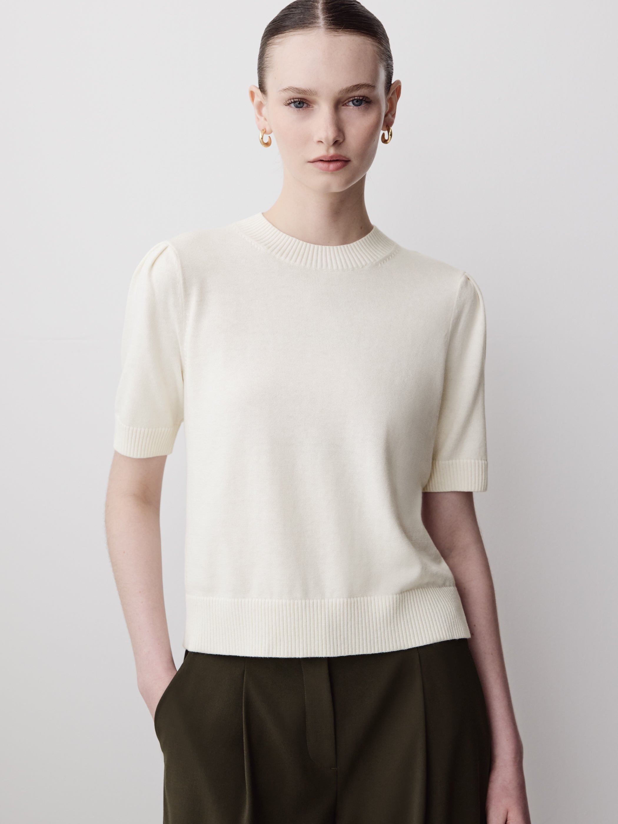 Knit Cotton Blend Crew Neck Sweater