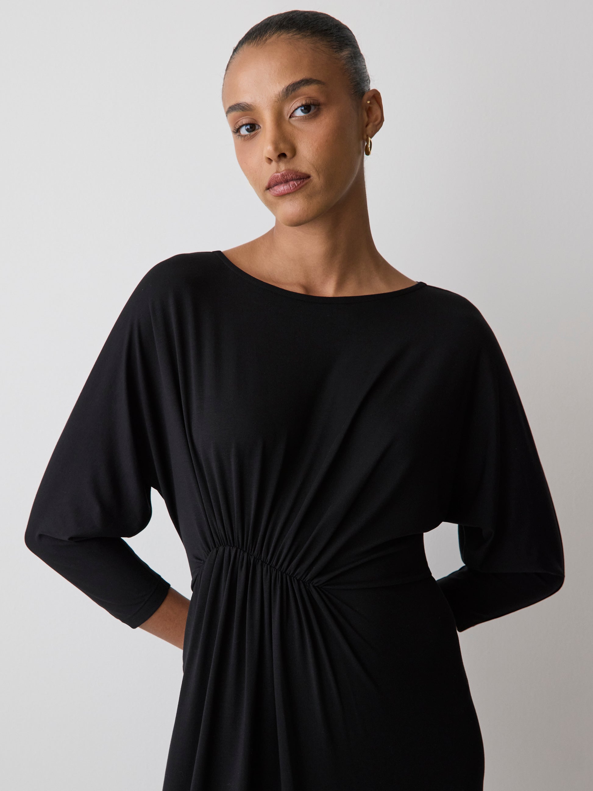 Knit Midi Dress 3/4 Sleeve Cowl Neck
