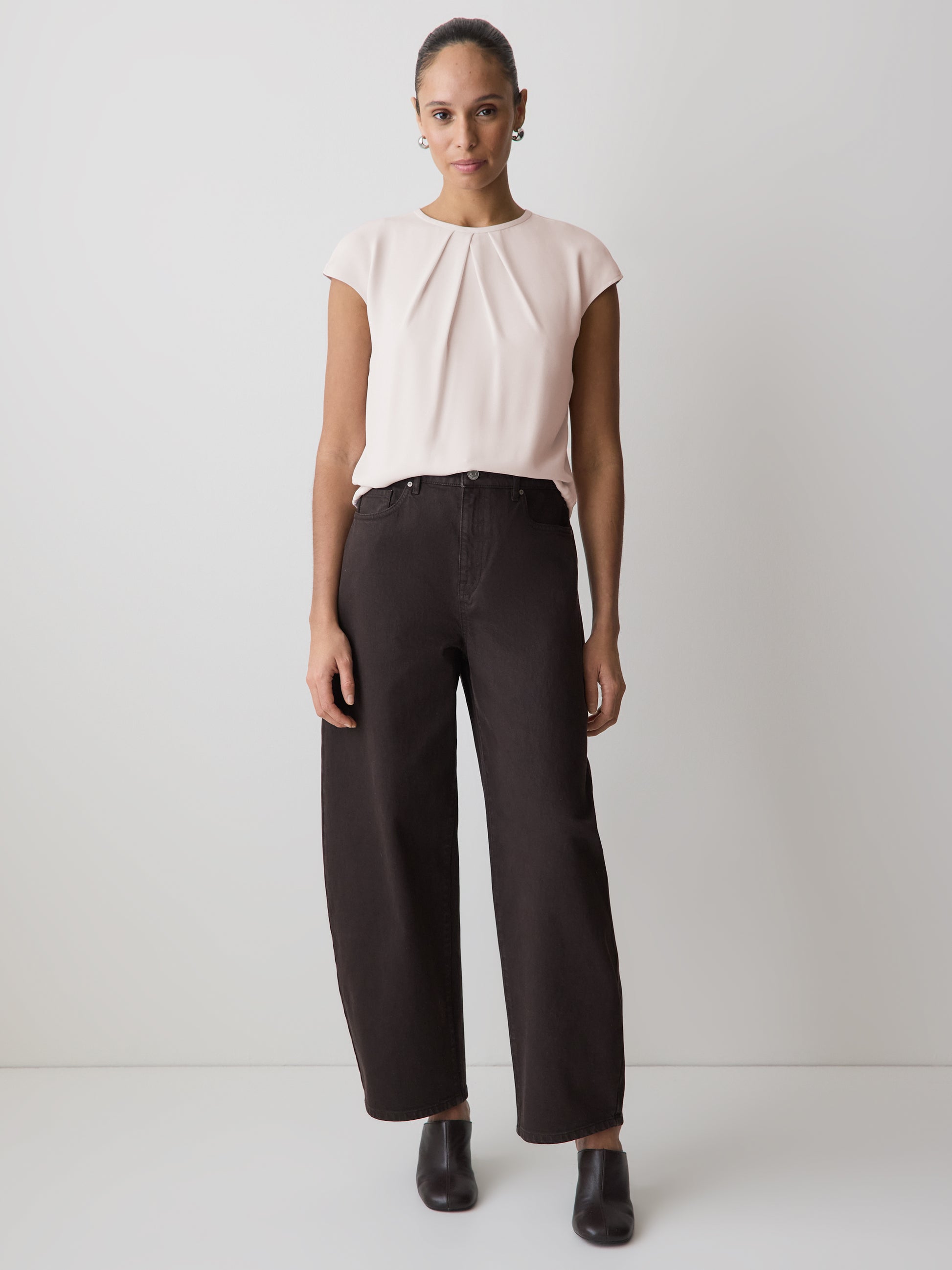 Mix-Media Cap-Sleeve Crew-Neck Blouse