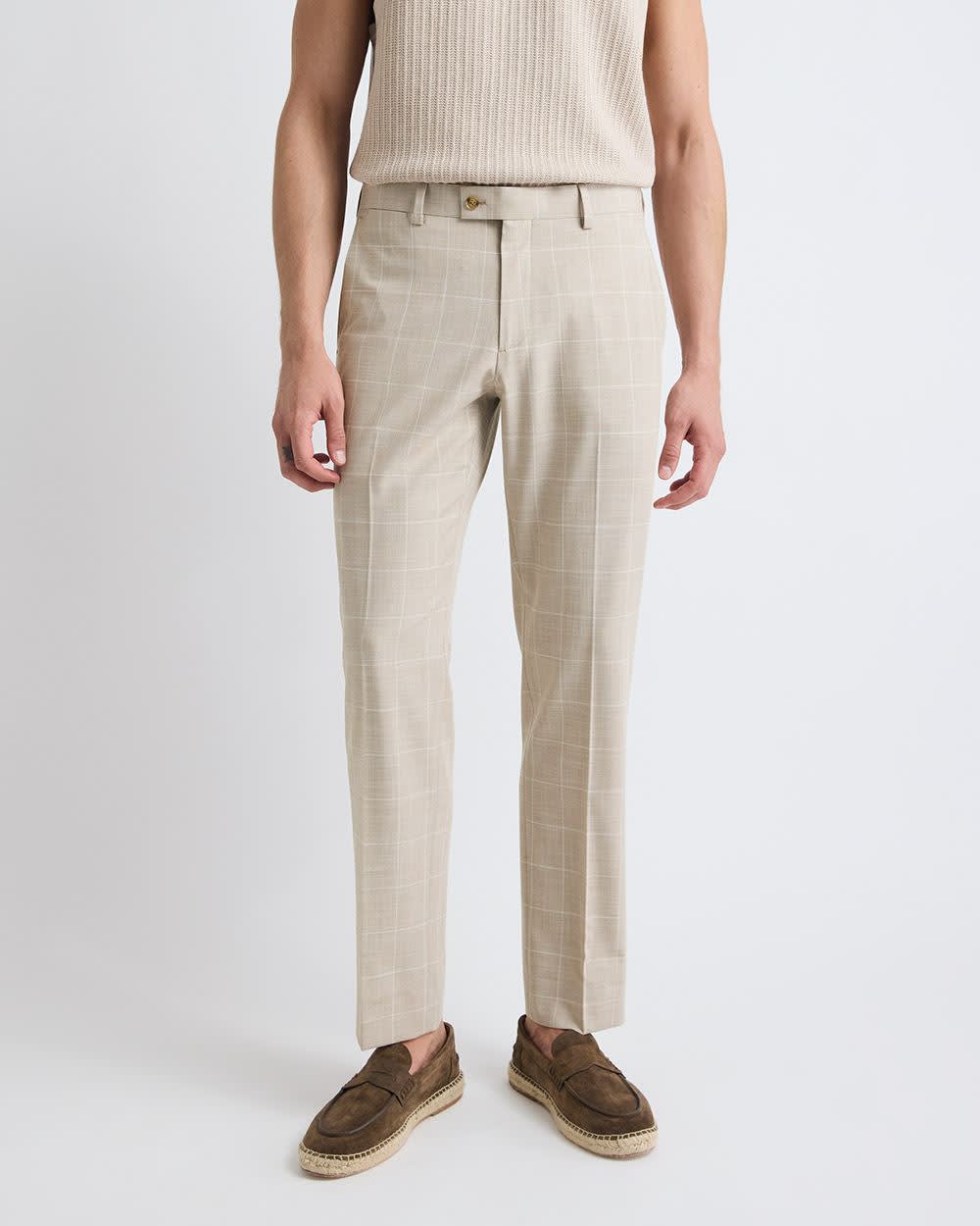 Pantalon de Complet Carreauté Taupe à Coupe Ajustée