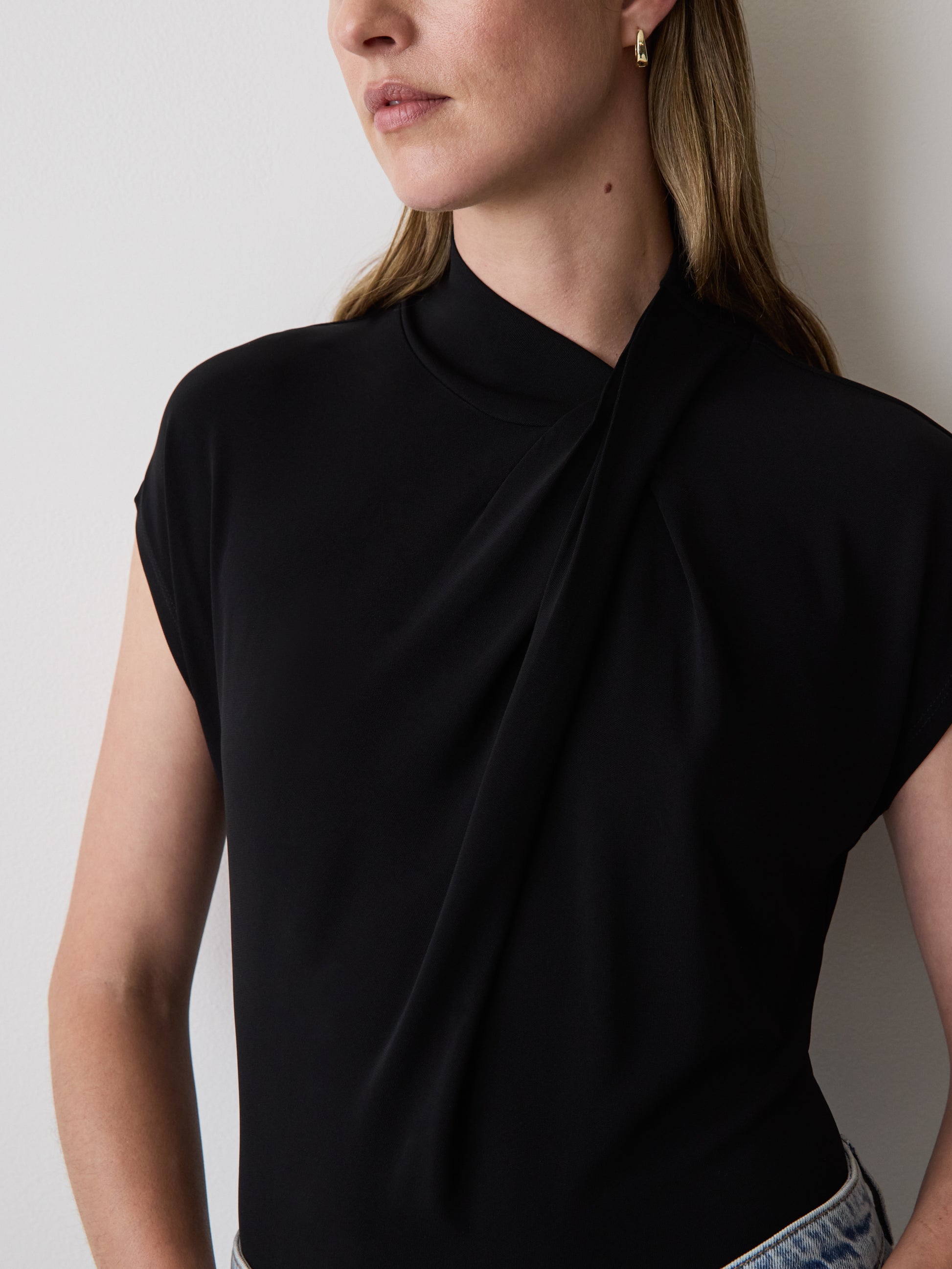 Extended-Sleeve Top with Crossover Draped Mock Neckline