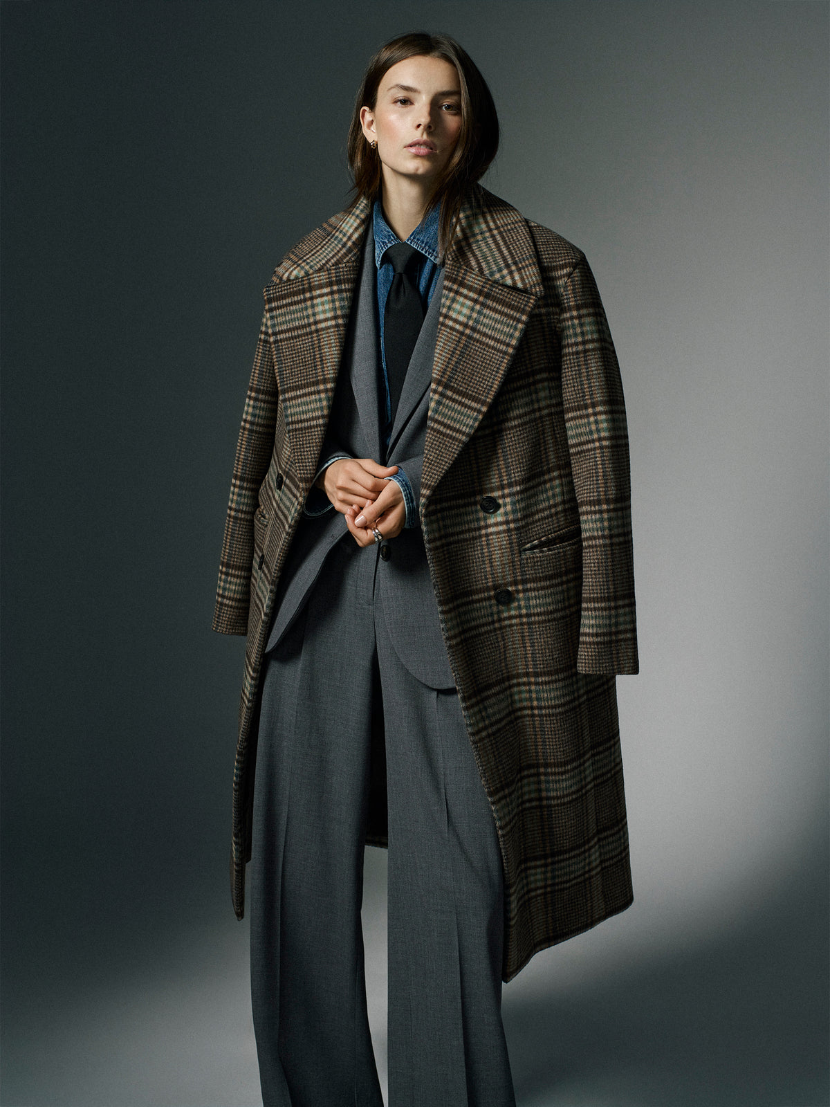 Plaid Wool-Blend Long Double-Breasted Coat