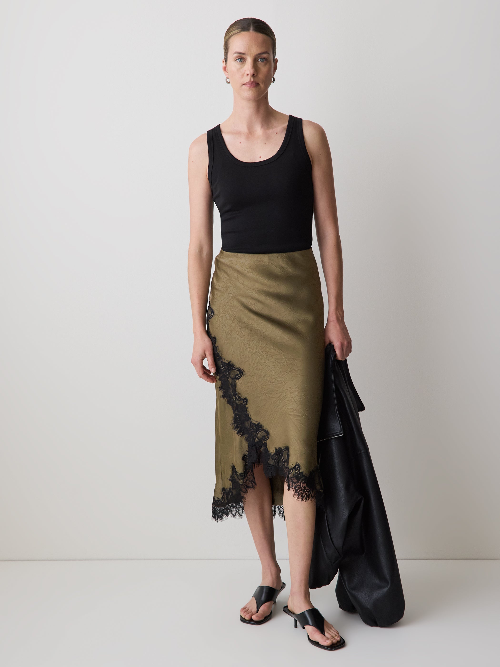 High-Rise Satin Midi Skirt with Lace Trim