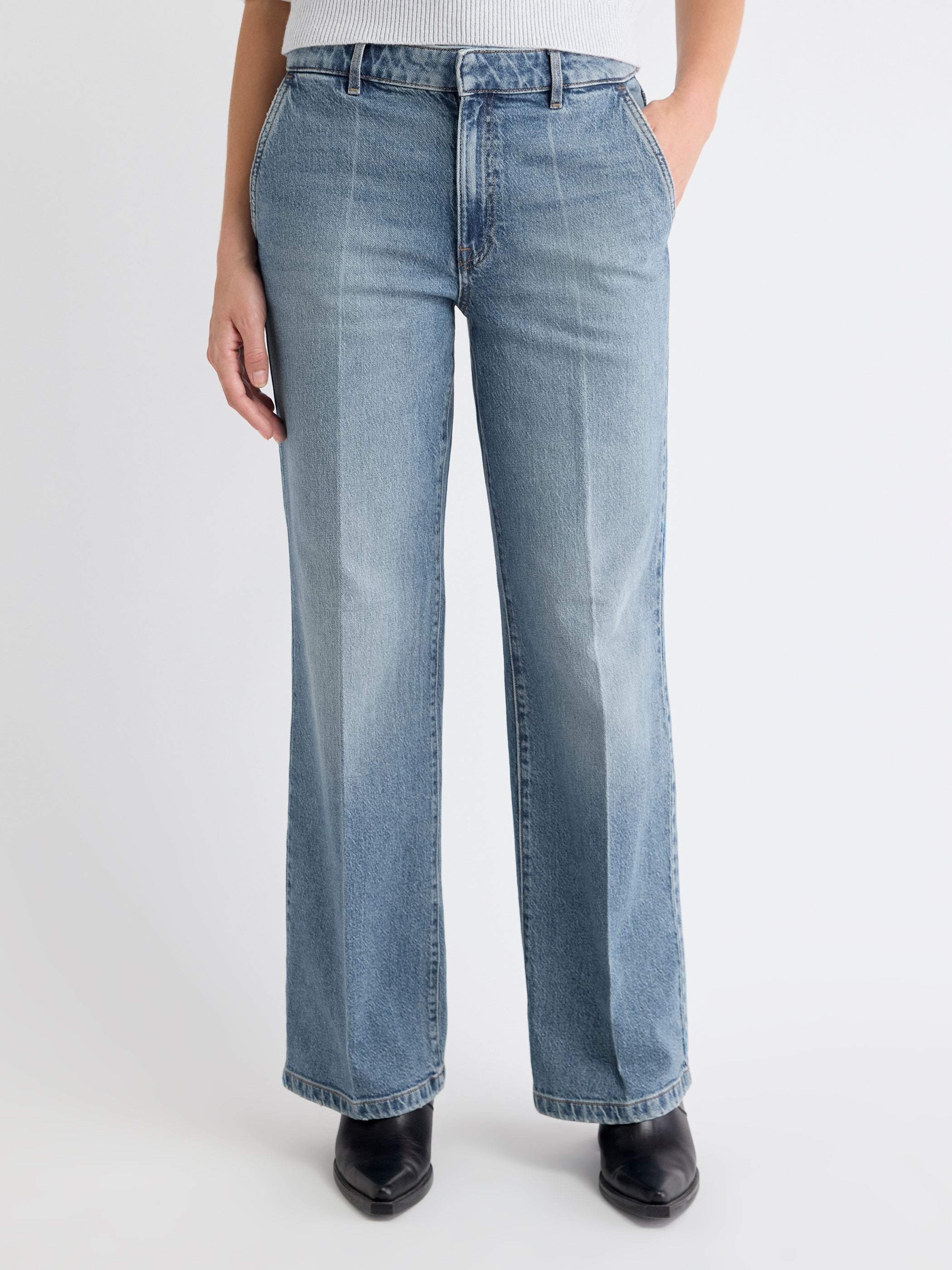 Jeans Long à Taille Mi-Haute et Jambe Large