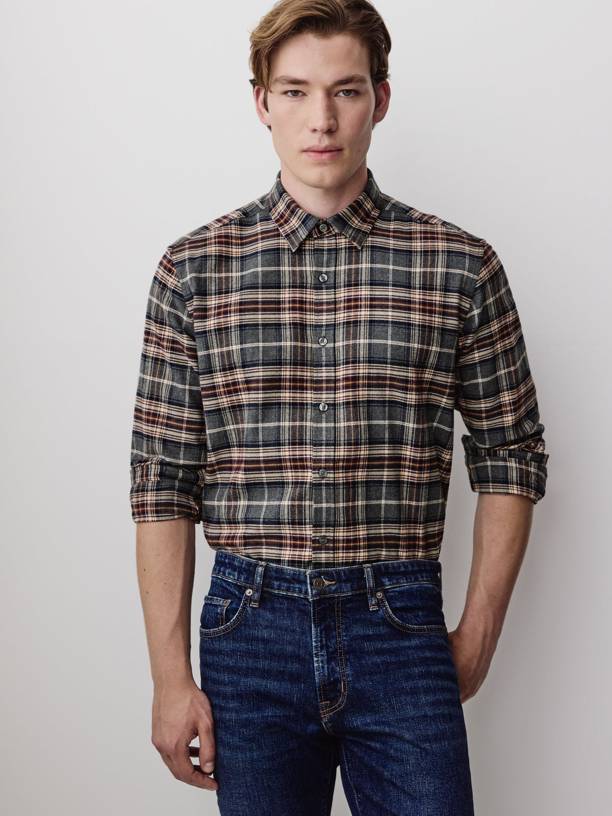 Long Sleeve Charcoal Plaid Cotton Shirt