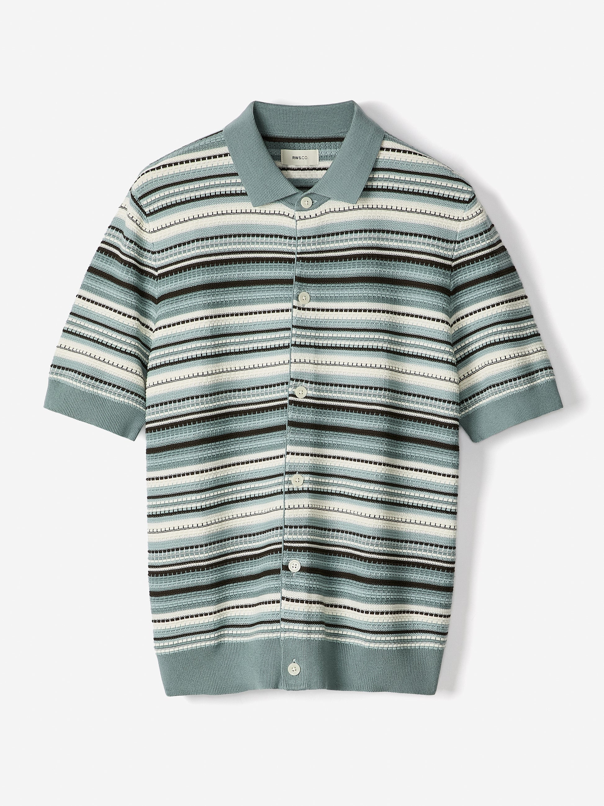 Striped Short-Sleeve Sweater with Shirt Collar