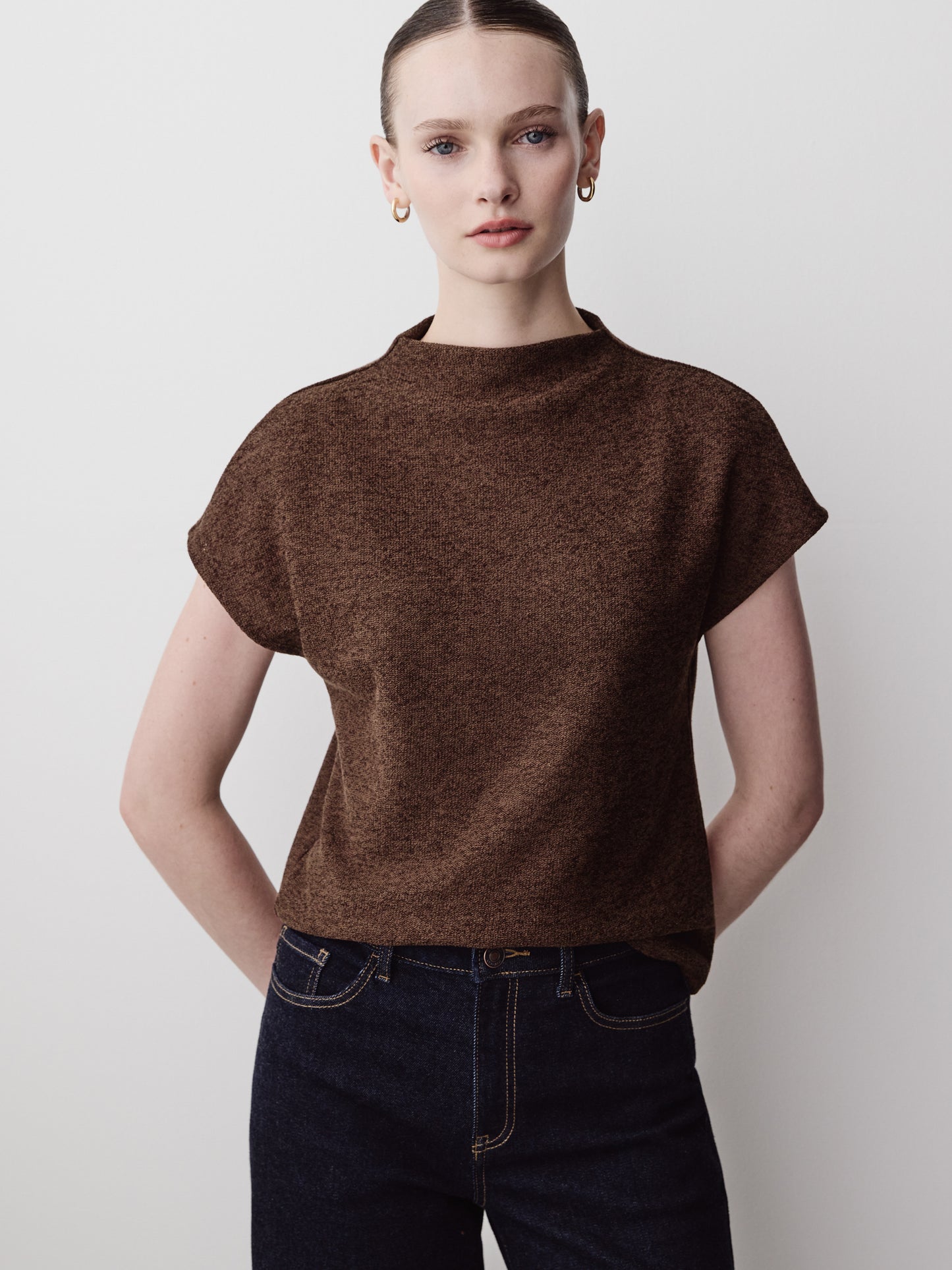 Extended-Sleeve Mock-Neck Textured Top