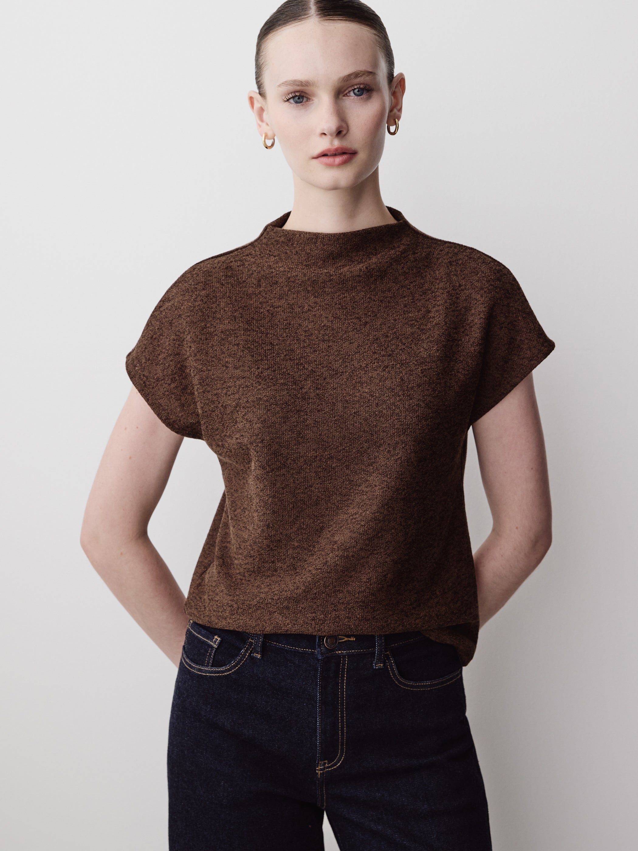 Extended-Sleeve Mock-Neck Textured Top