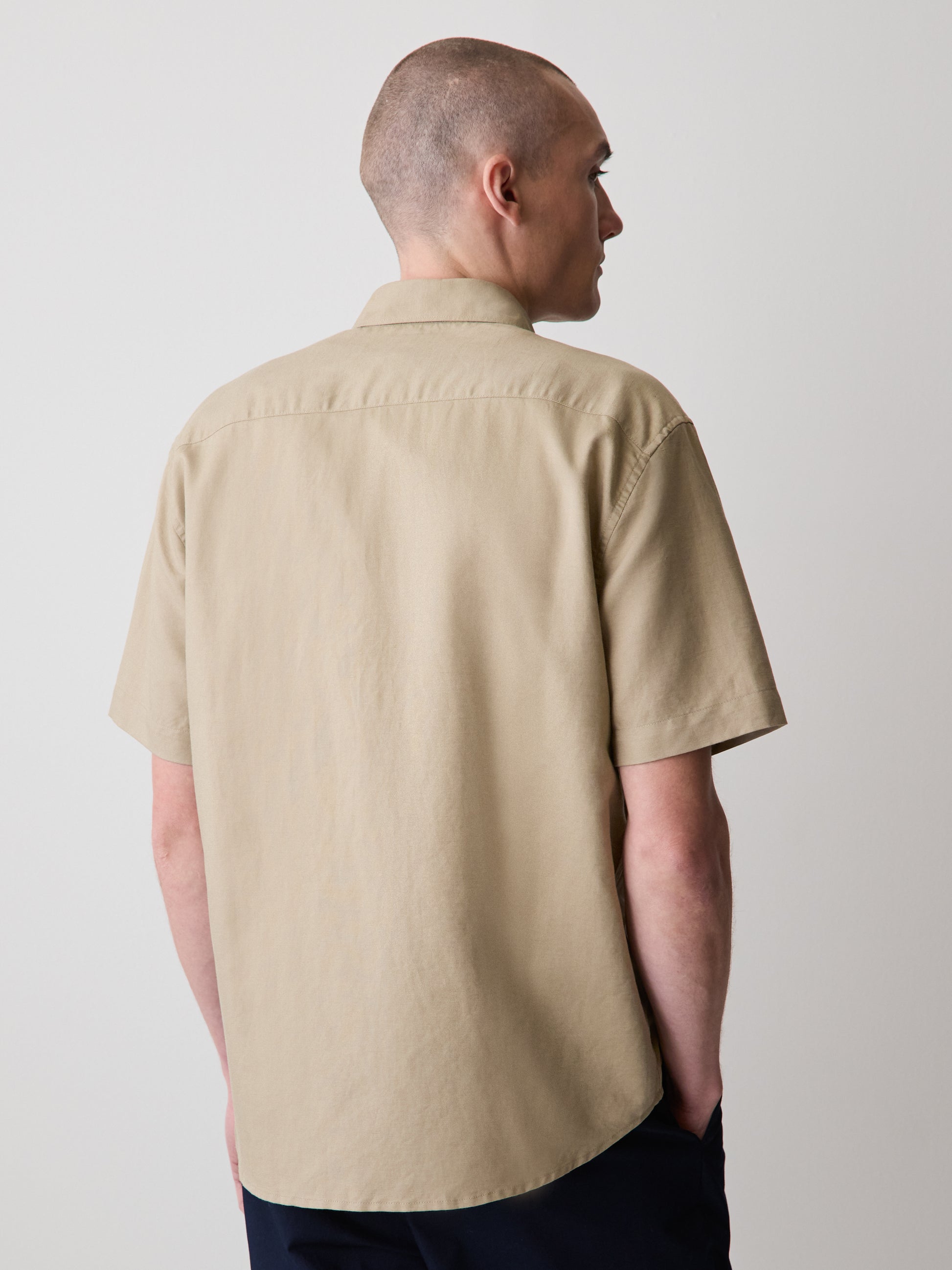 Mens Woven Linen Blend Shirt Regular Fit Short Sleeve