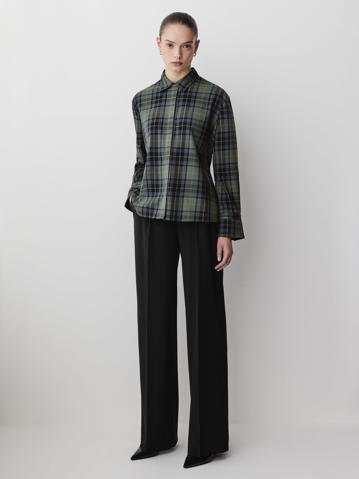 Woven Plaid Button-Up Shirt with Cape Detail
