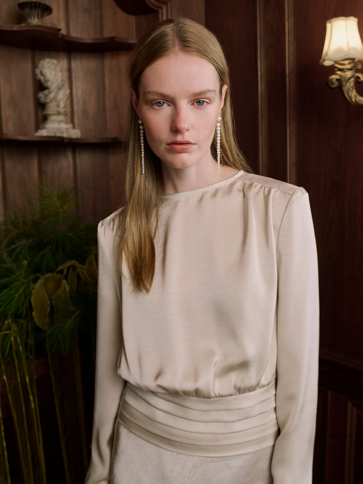Long-Sleeve Crew-Neck Blouse with Shoulder Pads