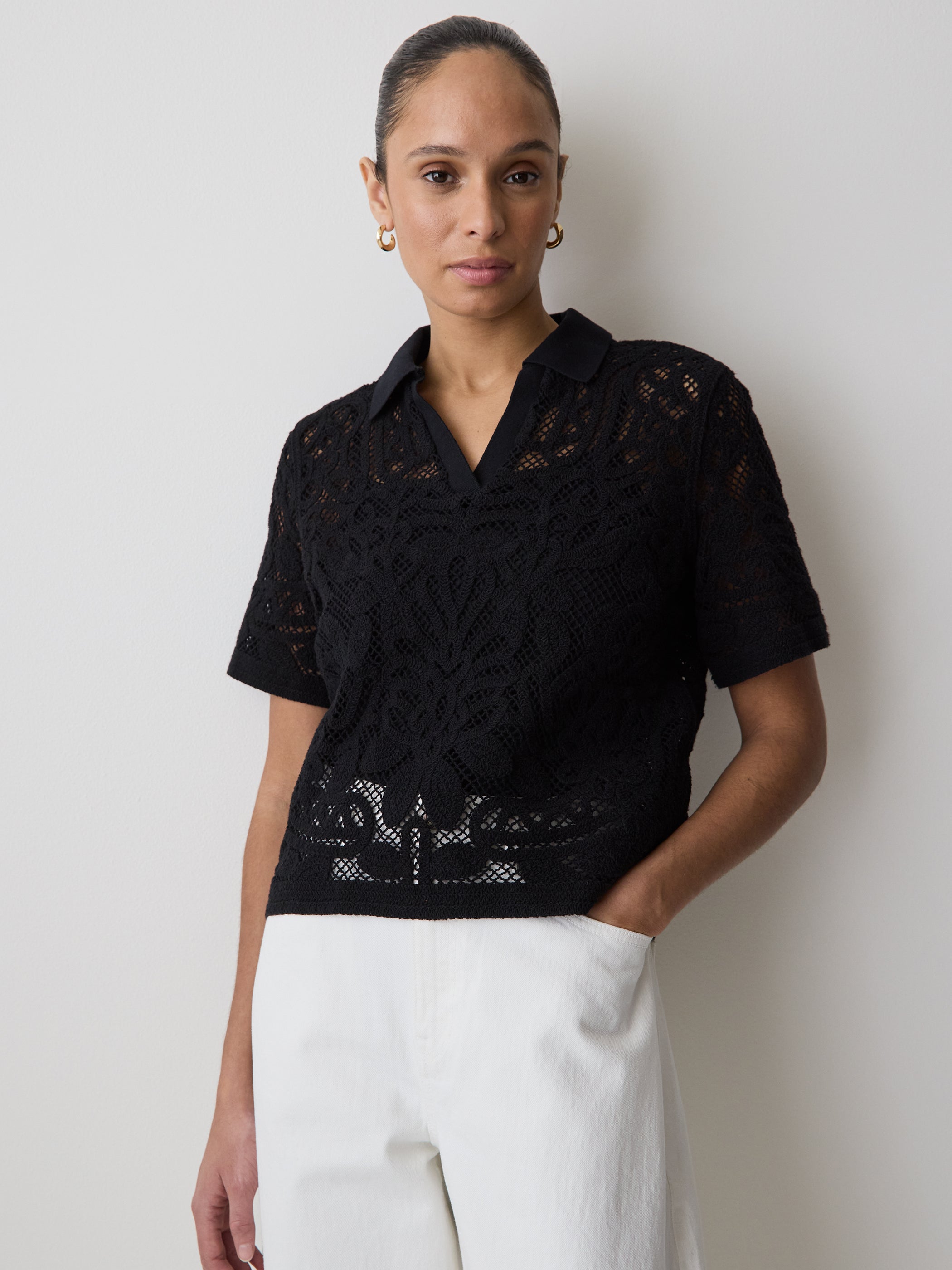 Women's Classic Fit Short-Sleeve Crochet Polo Top – RW&CO