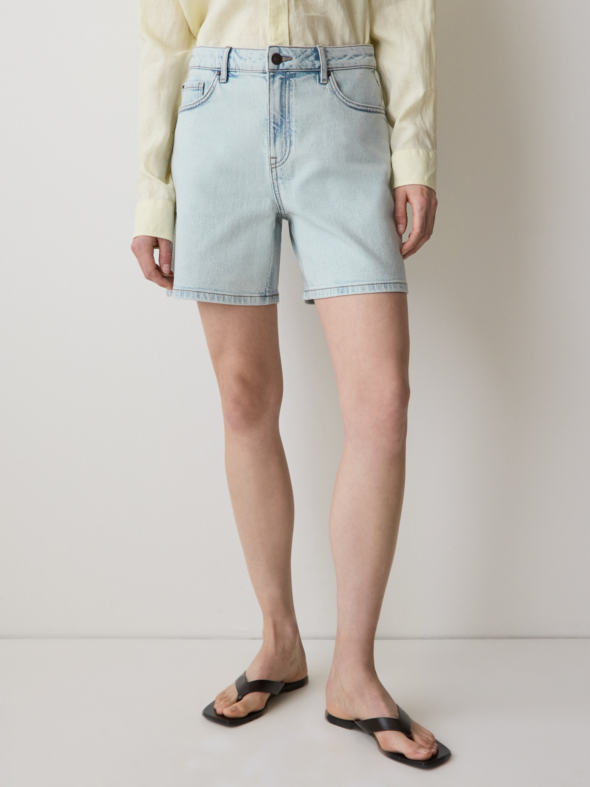 Woven Denim High Rise Mid Thigh Shorts