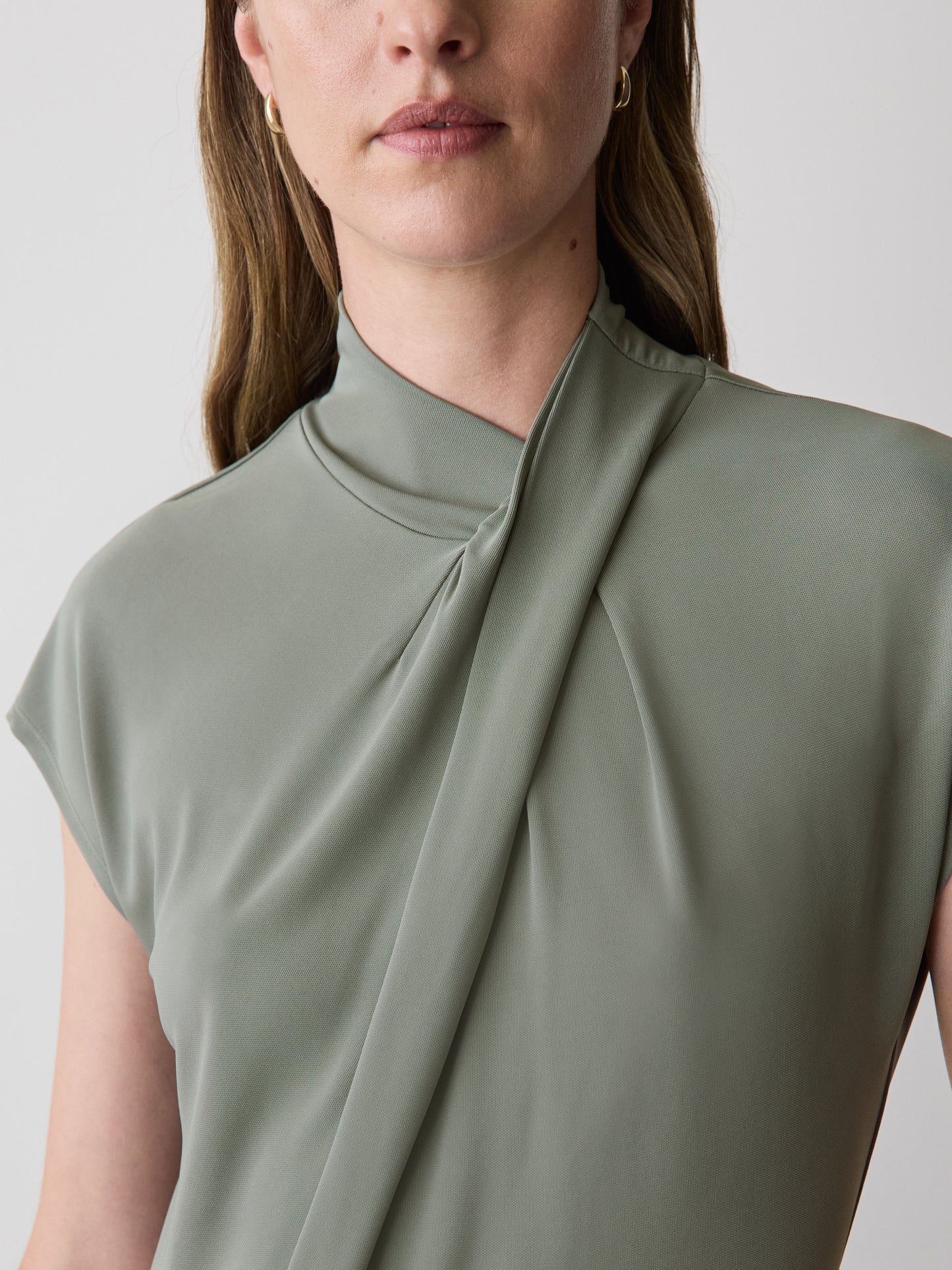 Extended-Sleeve Top with Crossover Draped Mock Neckline
