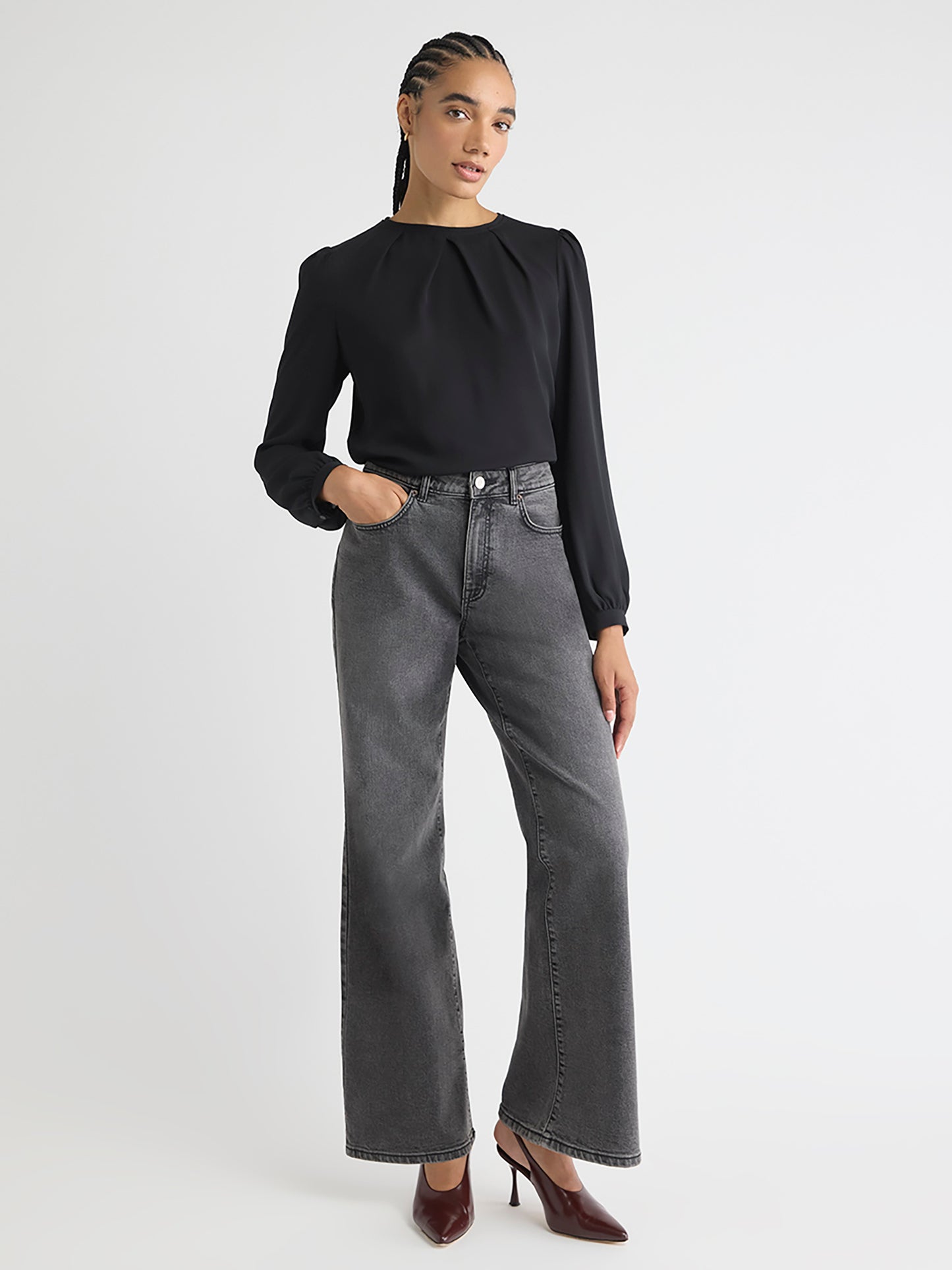 Long-Sleeve Crew-Neck Mix-Media Blouse