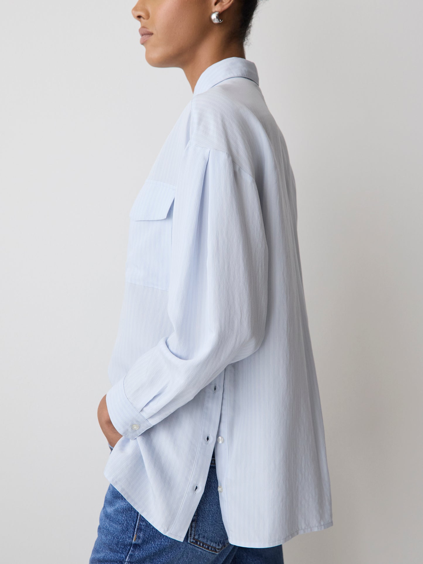 Striped Long-Sleeve Buttoned-Down Blouse with Pockets