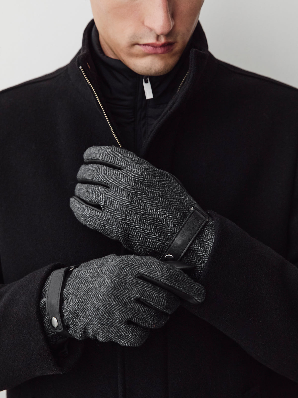 Herringbone Leather Gloves with Buttoned Tabs