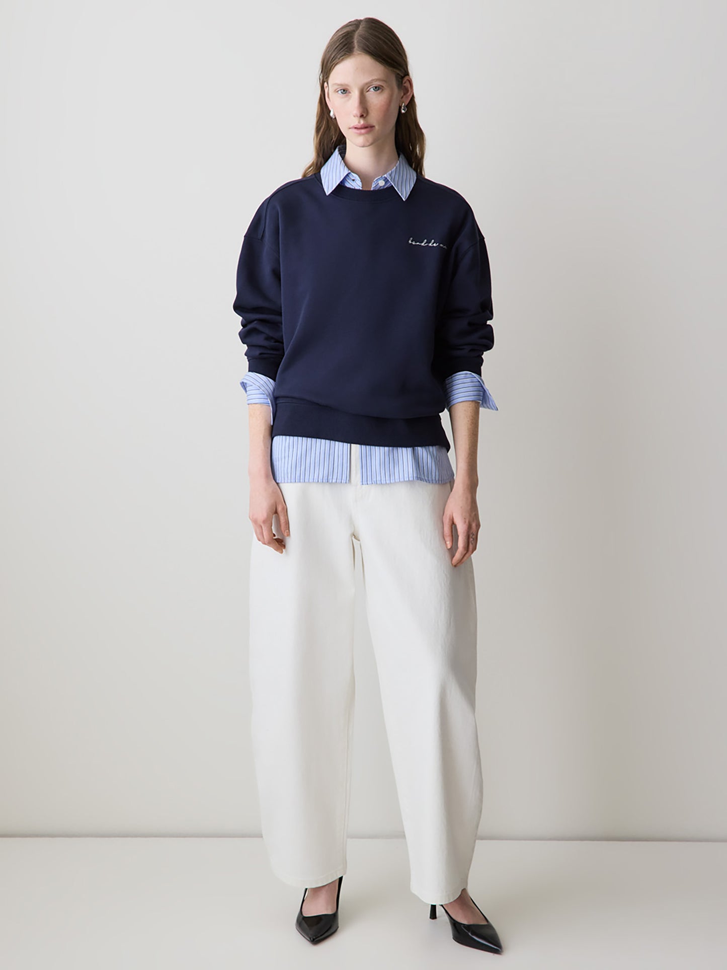 Blouse Ajustée en Popeline Rayée à Manches Longues