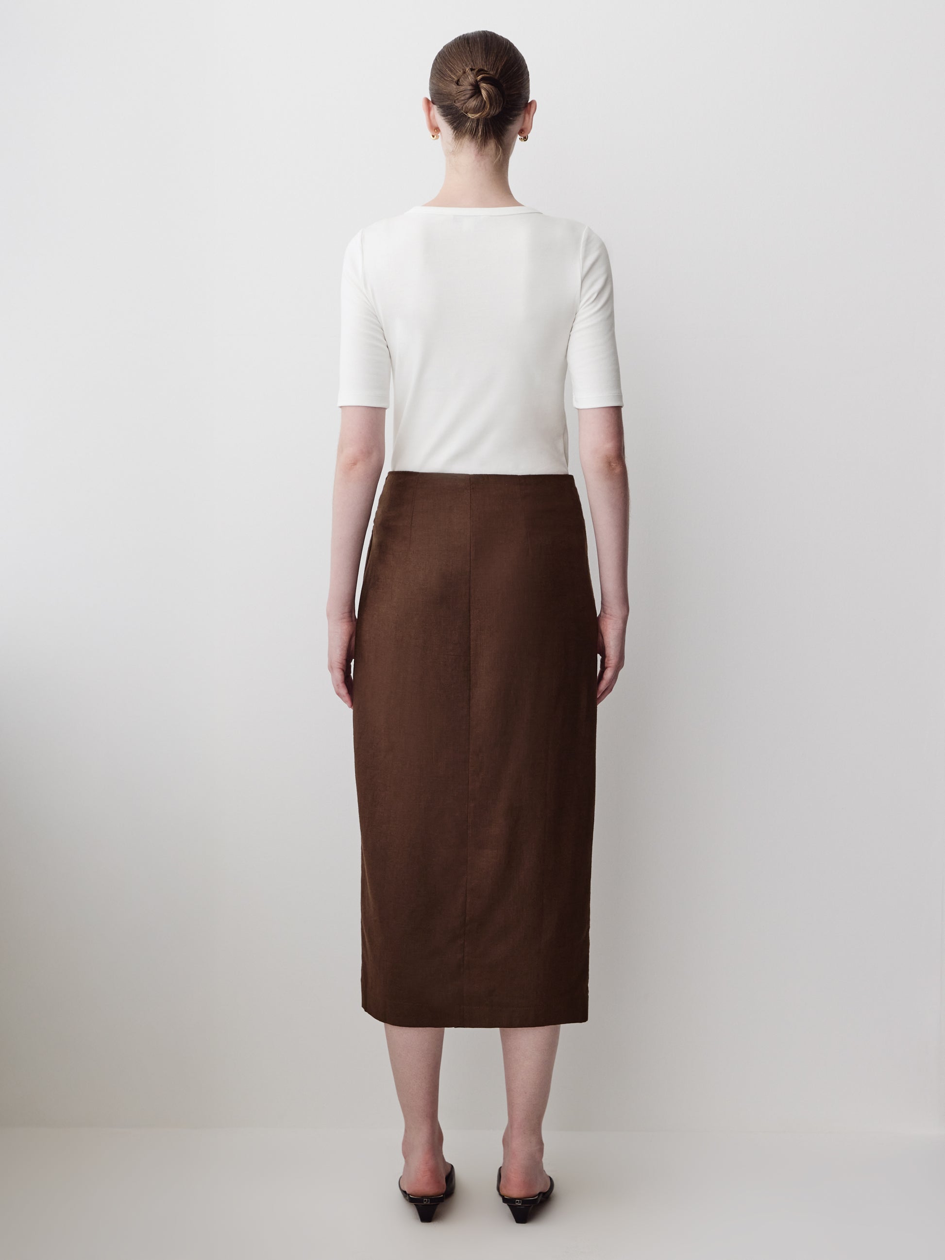 Linen-Blend Straight Midi Skirt with Wrap Front