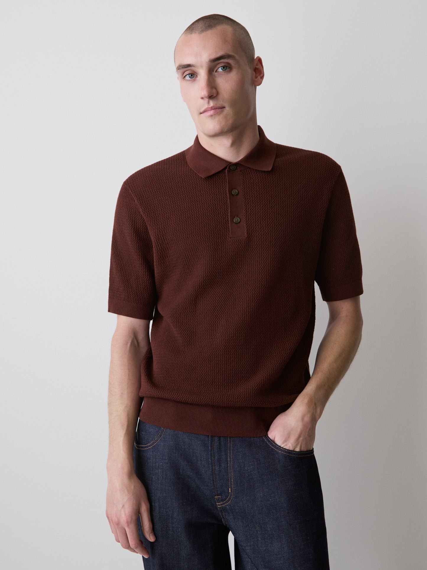 Textured Short-Sleeve Polo Sweater